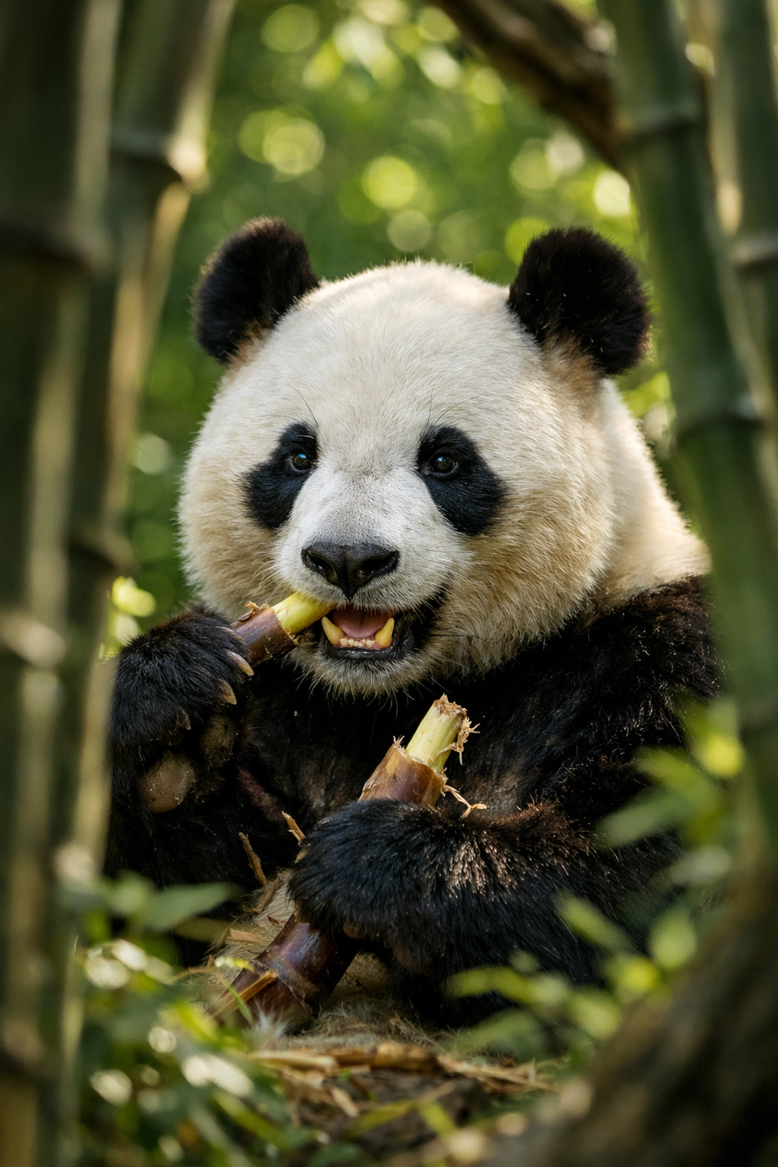 Giant panda eating bamboo in natural habitat for wildlife stock photo collection