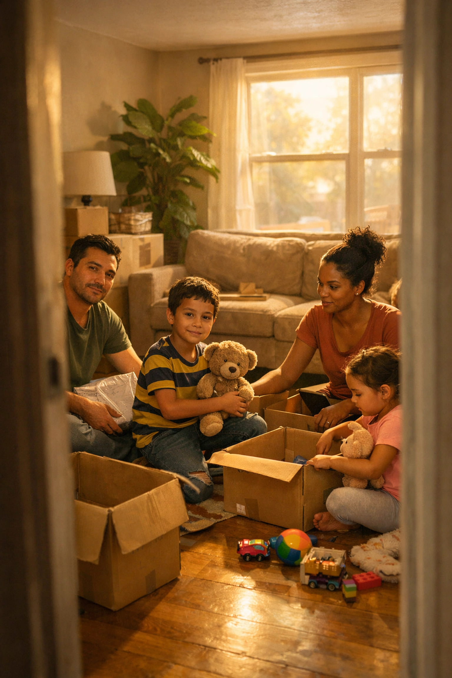 Displaced family unpacking moving boxes in new home seeking housing stability