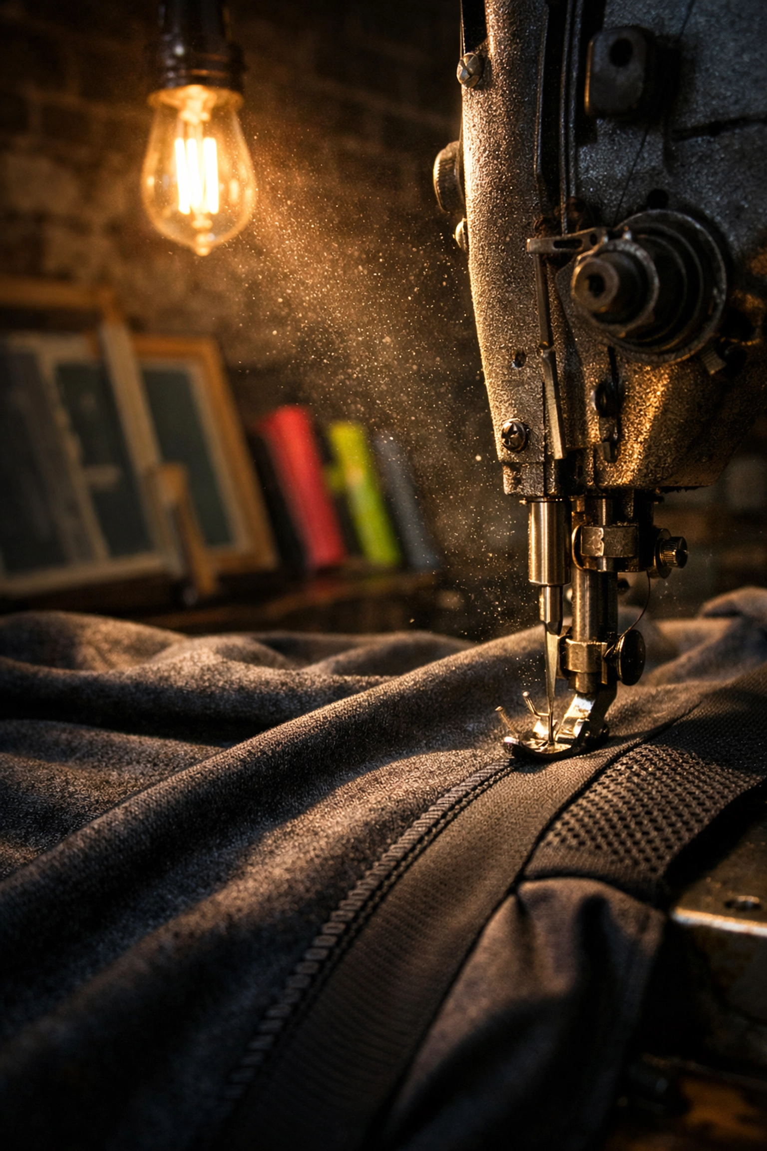 Close-up of a sewing machine making gym clothes, symbolizing Ben Francis starting the Gymshark growth story.