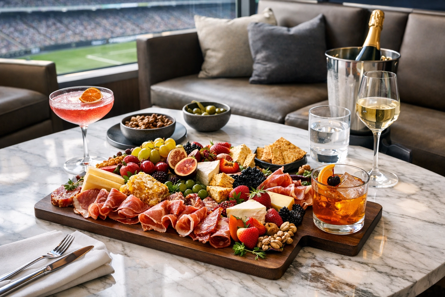 Boost Your Brand Presence Instantly with These 5 Super Bowl VIP Hospitality Strategies Premium gourmet dining and cocktails setup in luxury Super Bowl corporate hospitality suite