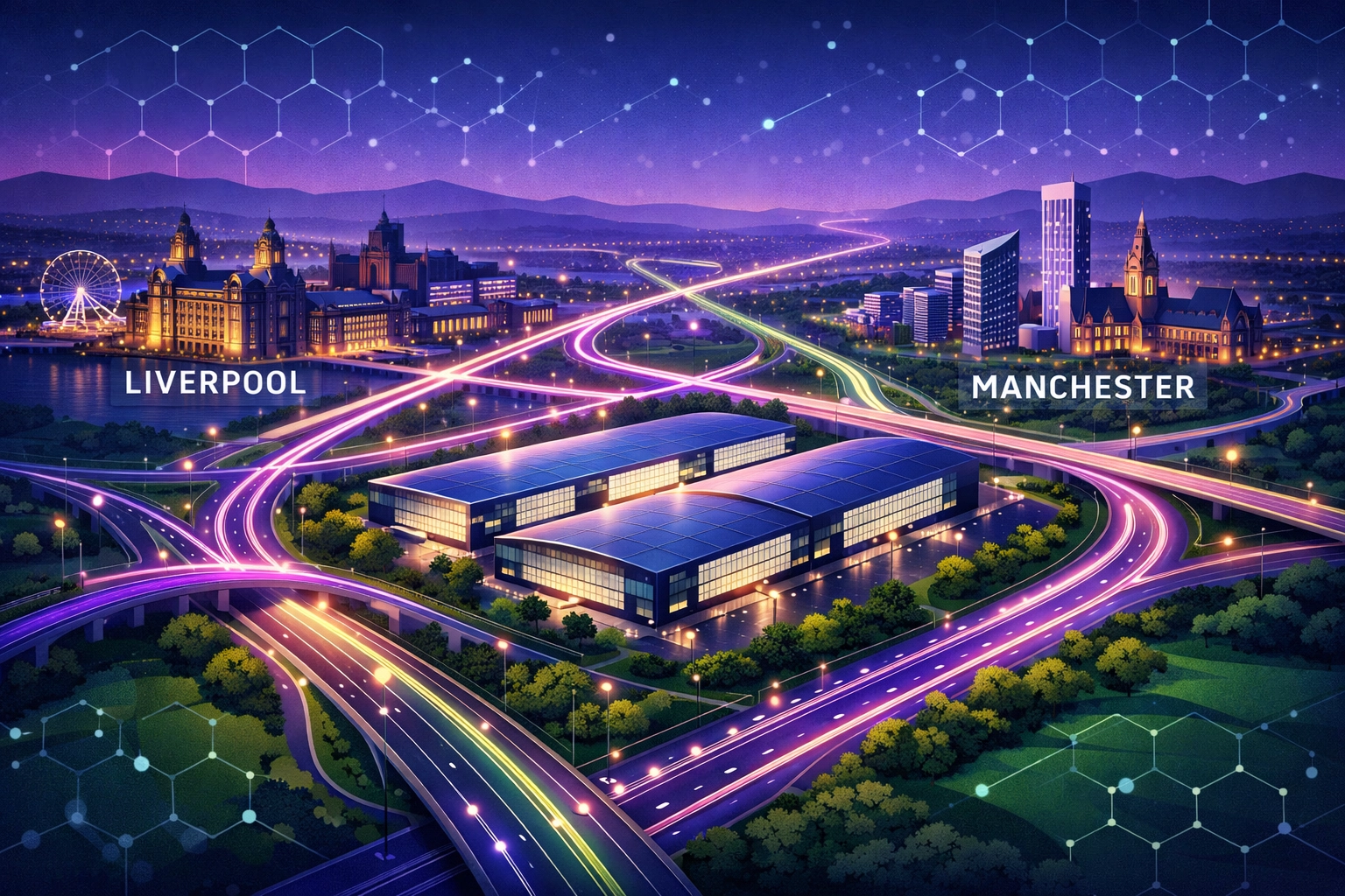 Map showing the North West logistics corridor connecting Liverpool and Manchester distribution hubs.