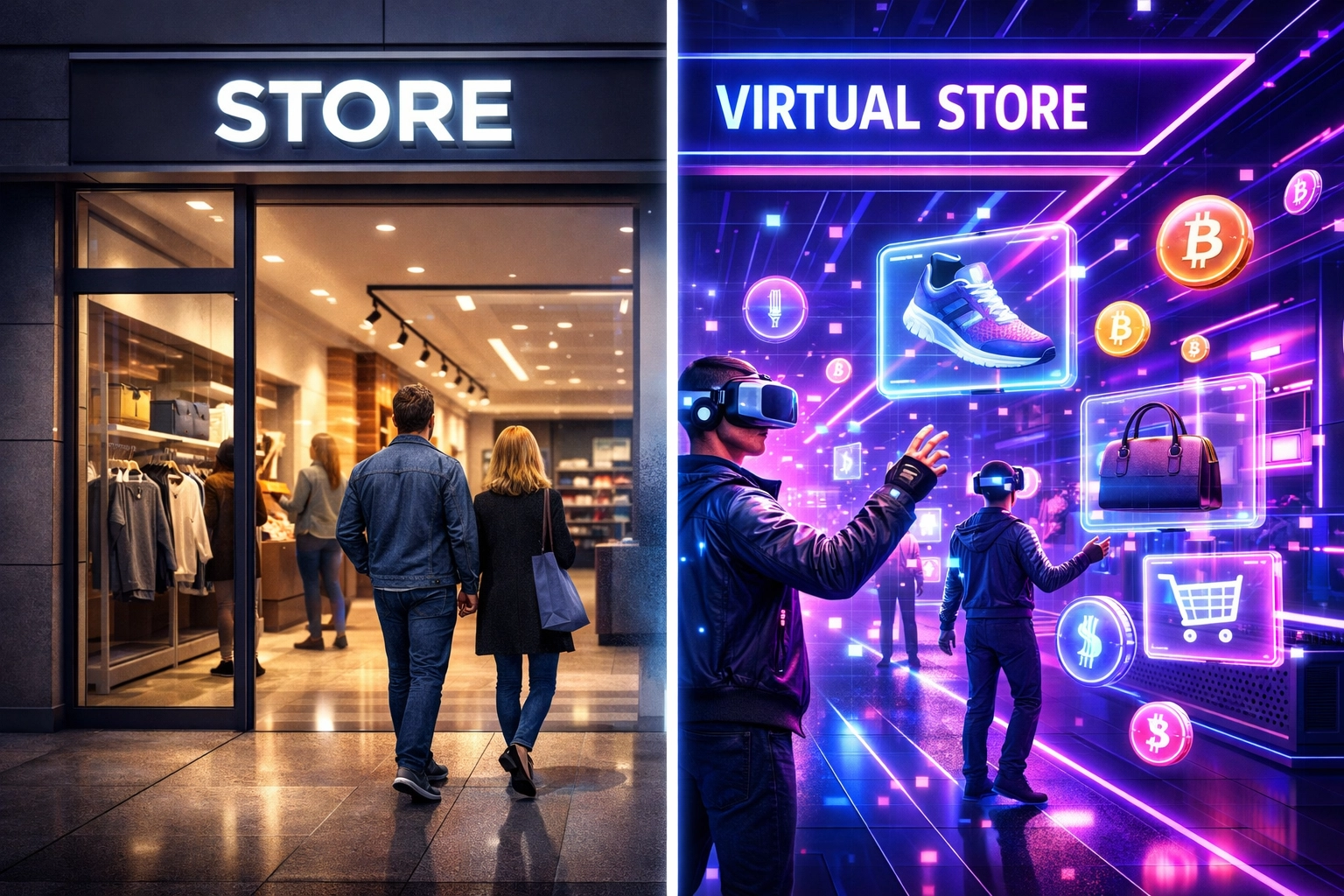 Physical store transforming into metaverse shopping experience with VR avatars and crypto payments