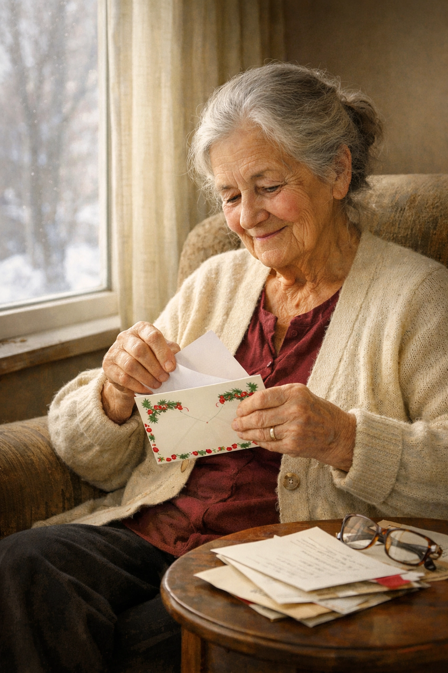 Senior woman opening letter by window - meaningful pen pal gift for Christmas