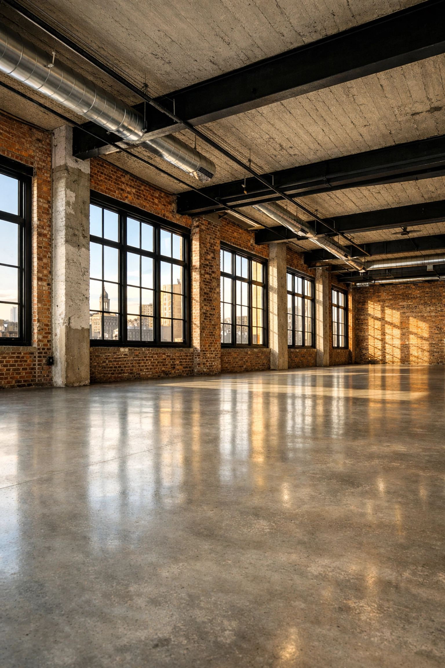 Empty Detroit industrial loft with polished concrete floors after a professional move-out cleaning turn.