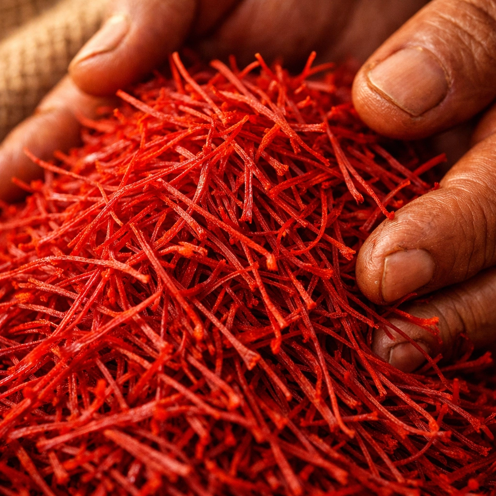 High-quality Kashmiri Mongra saffron threads with deep crimson color, hand-inspected for authenticity.
