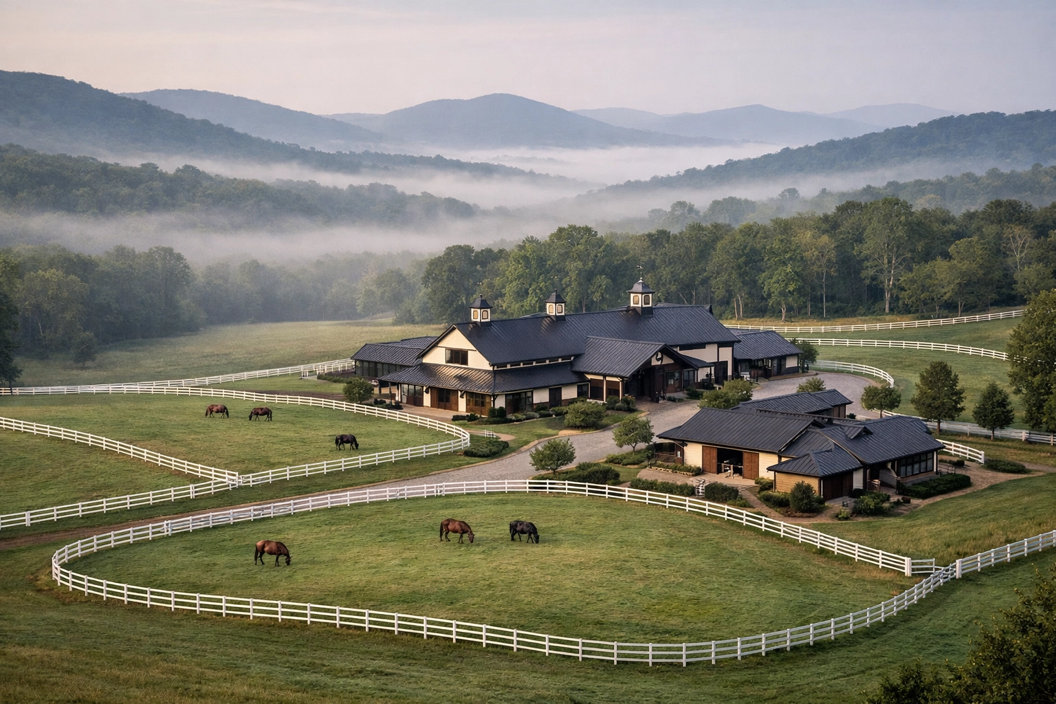Aerial view of equestrian estate in Tryon with barn and fenced pastures