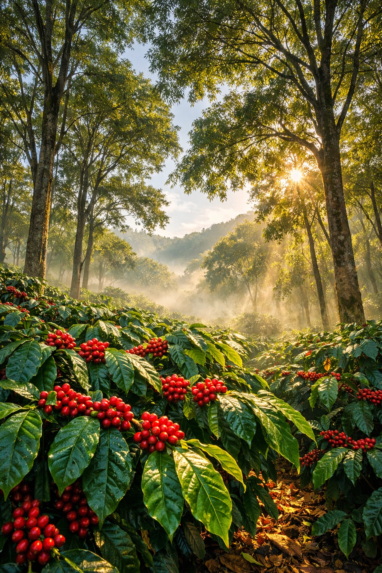 Lush, shade-grown coffee plantation in the Araku Valley with ripe red cherries on coffee plants.
