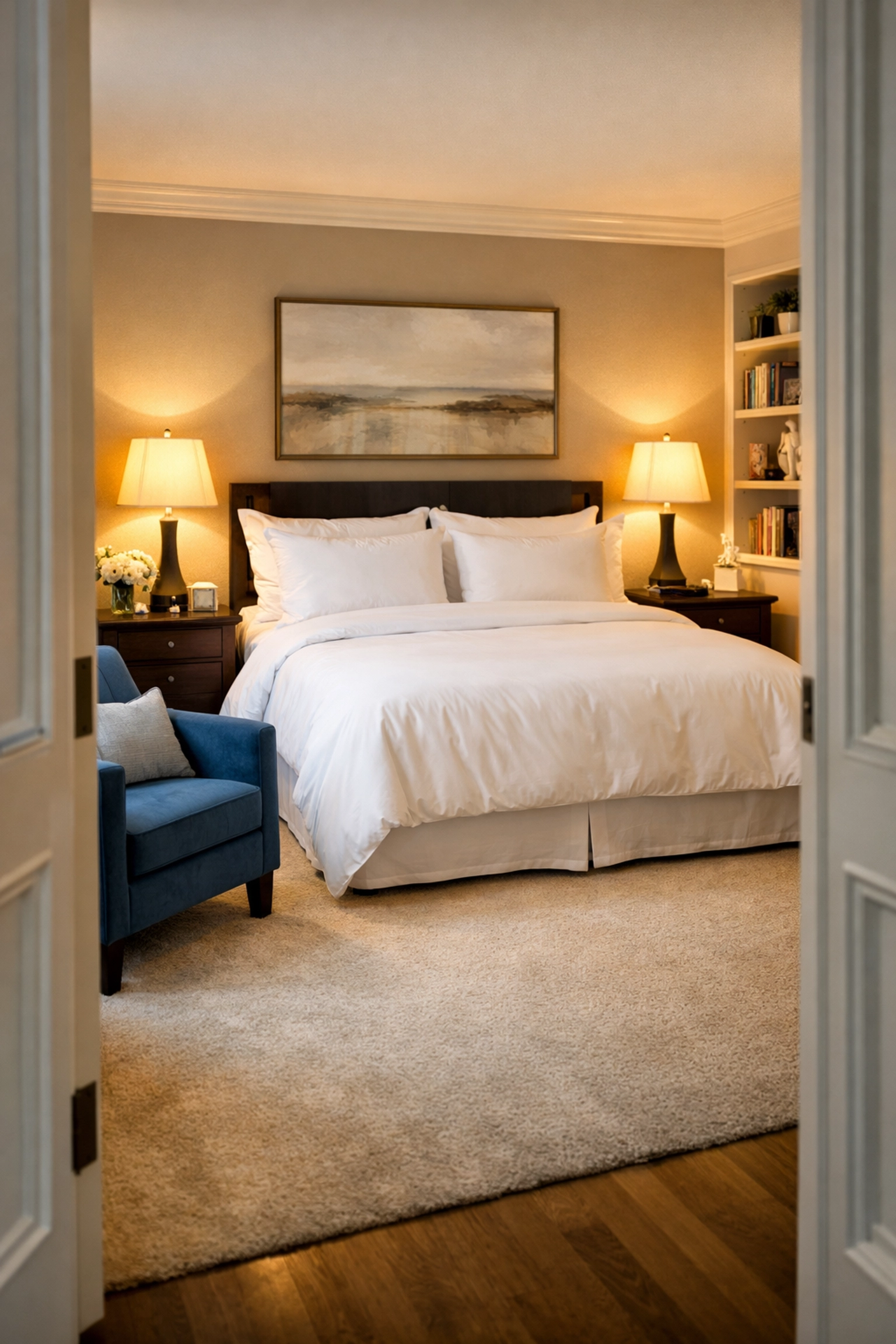 Impeccably clean master bedroom in Marlborough with organized furniture and fresh white linens.