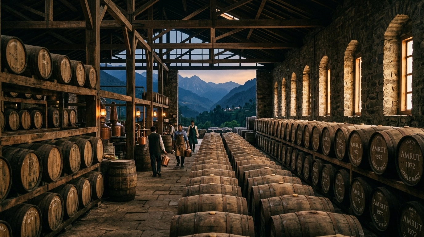 A cinematic shot of a traditional Indian distillery warehouse with oak barrels