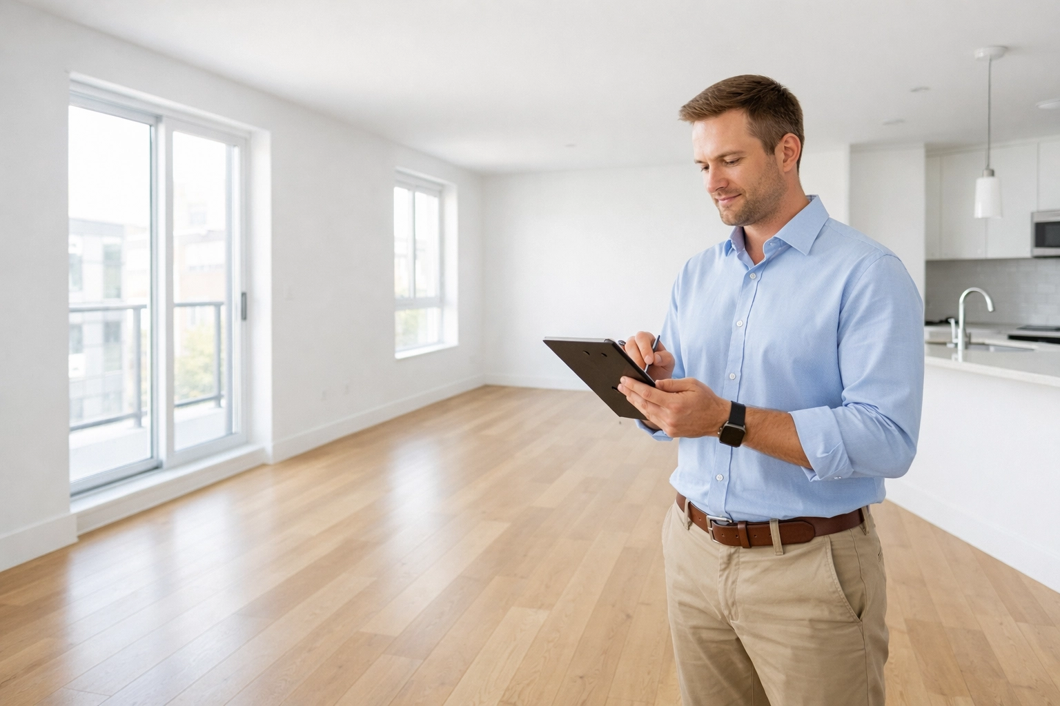 Property manager conducting apartment make-ready inspection with digital checklist in empty unit