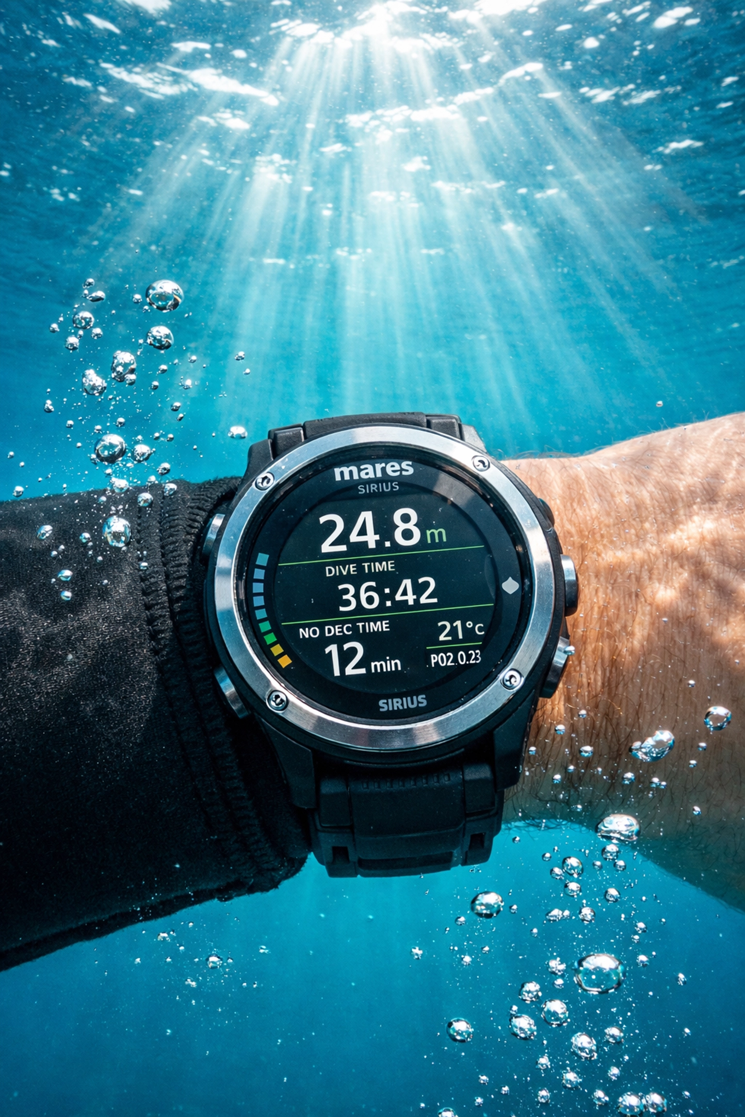 Mares Sirius Tauchcomputer am Handgelenk eines Tauchers unter Wasser im Einsatz