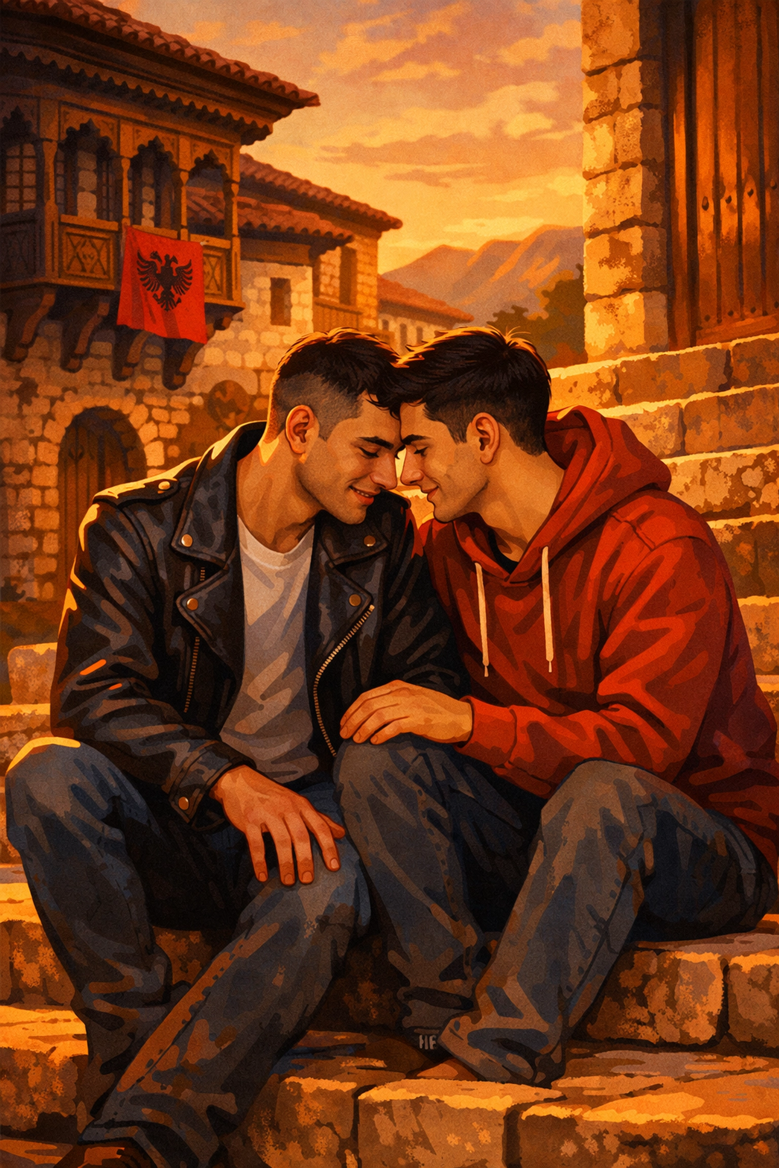 Two gay Albanian men sharing an intimate moment on historic Ottoman-era steps in northern Albania