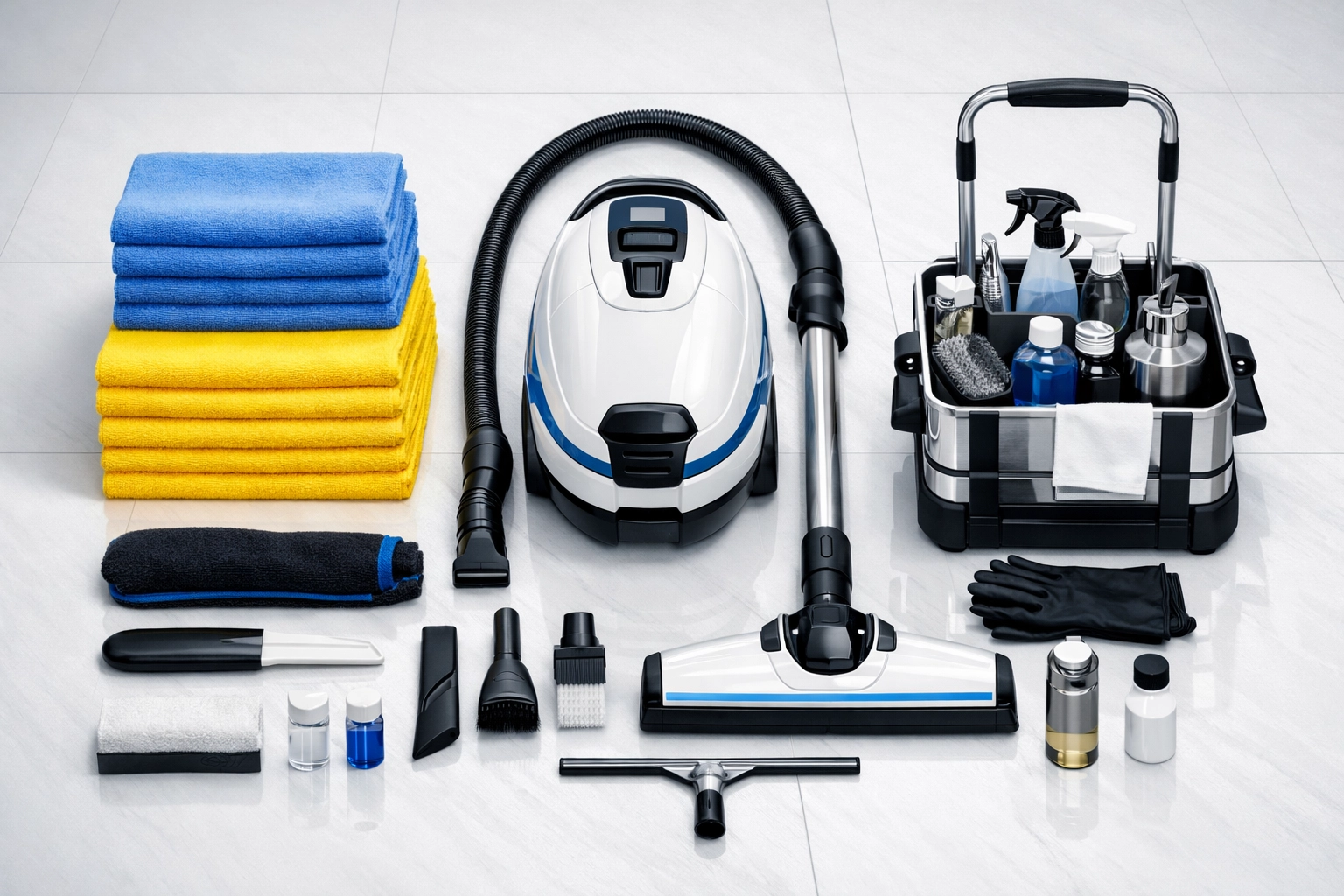 Organized professional cleaning equipment and microfiber towels for house cleaning Lowell MA services.