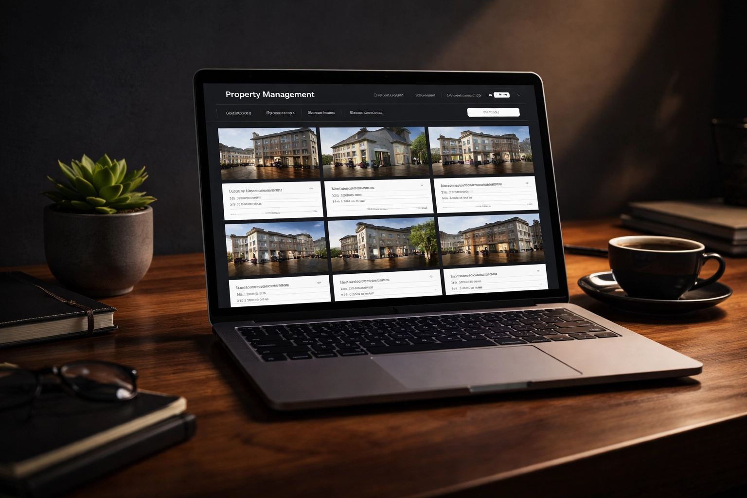 Laptop showing modern Brisbane property management website with fresh rental listings on desk for online marketing