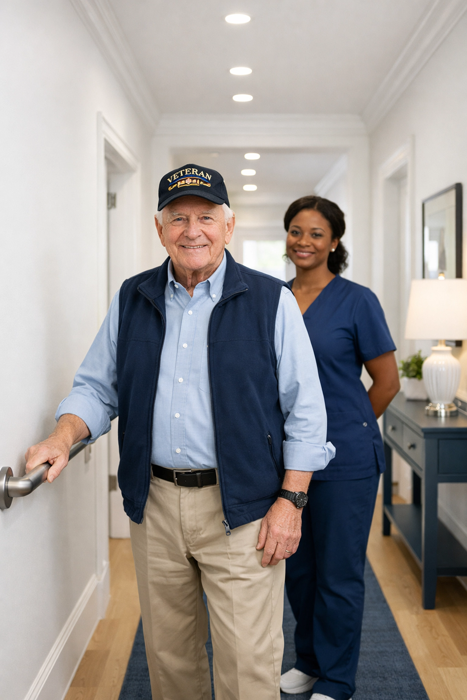 Caregiver ensuring safety for a senior veteran at home in Prince William County.