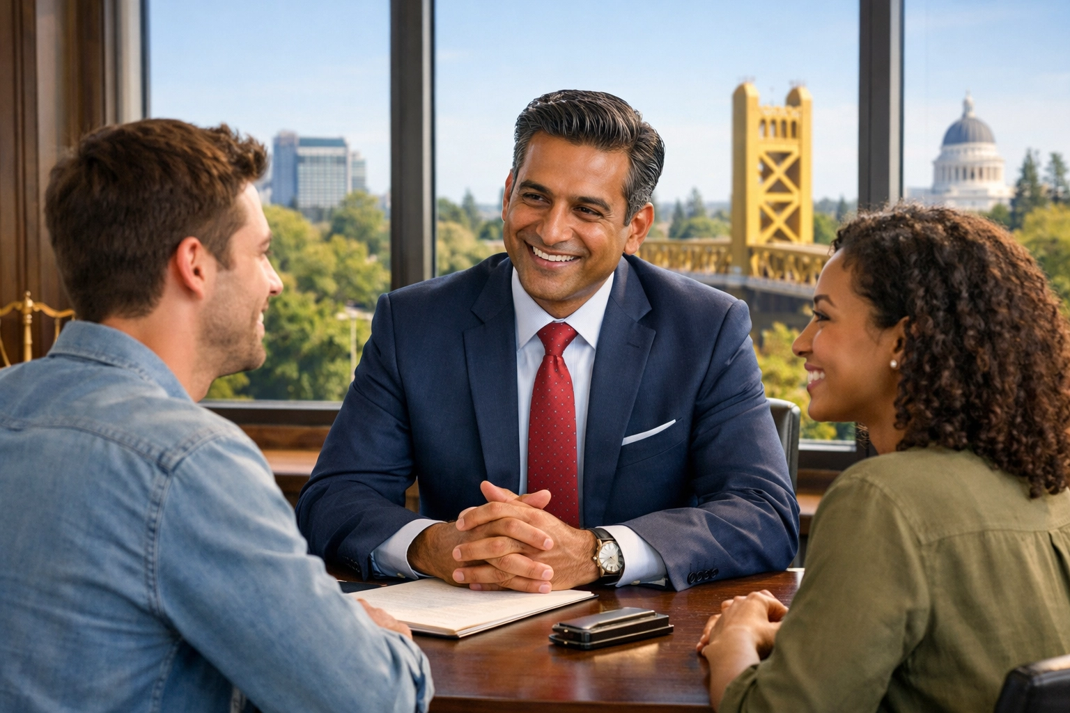 Sacramento immigration lawyer discussing legal strategy for green card application with a couple.