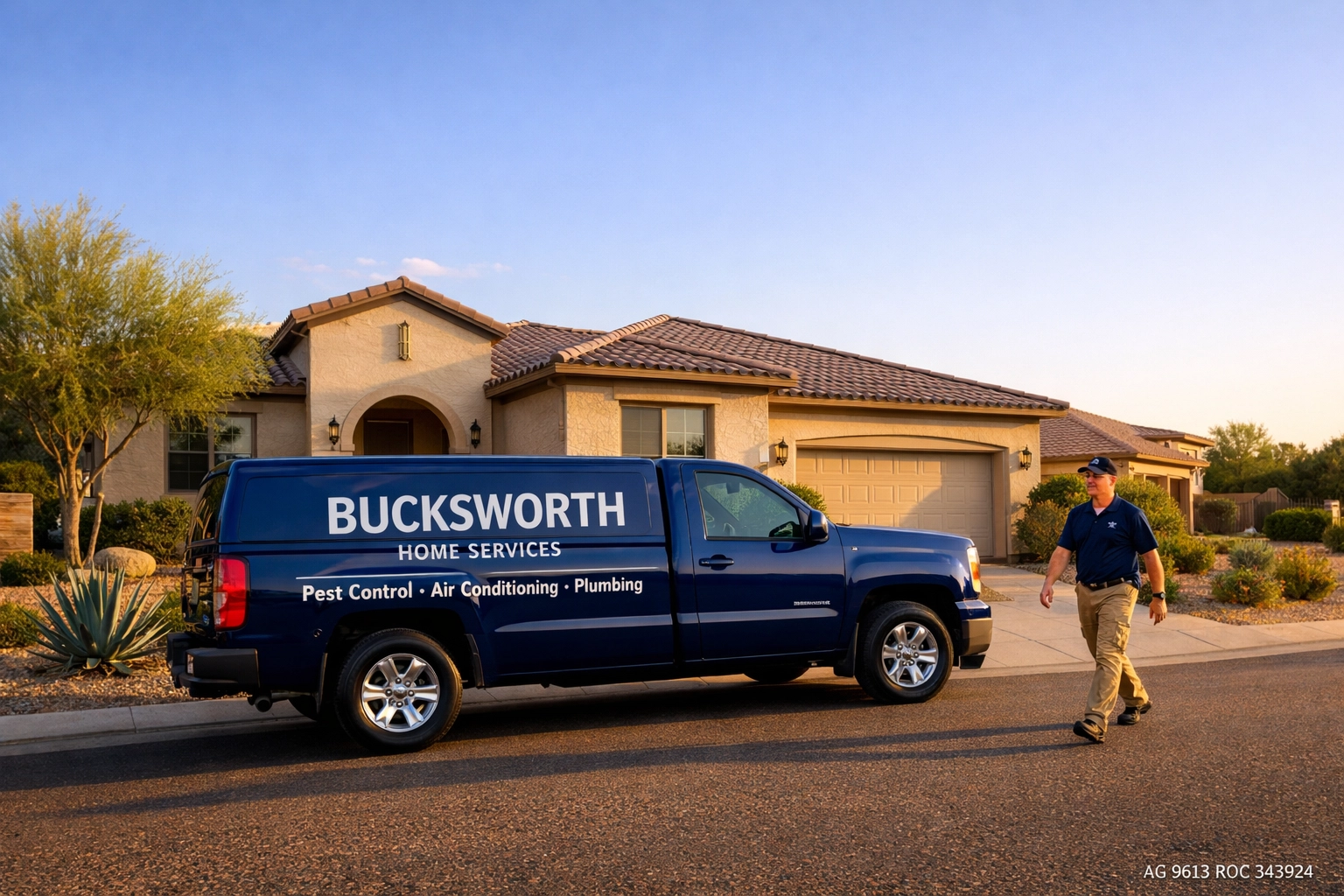 Bucksworth Home Services truck parked at a weed-free home in the Power Ranch neighborhood of Gilbert.
