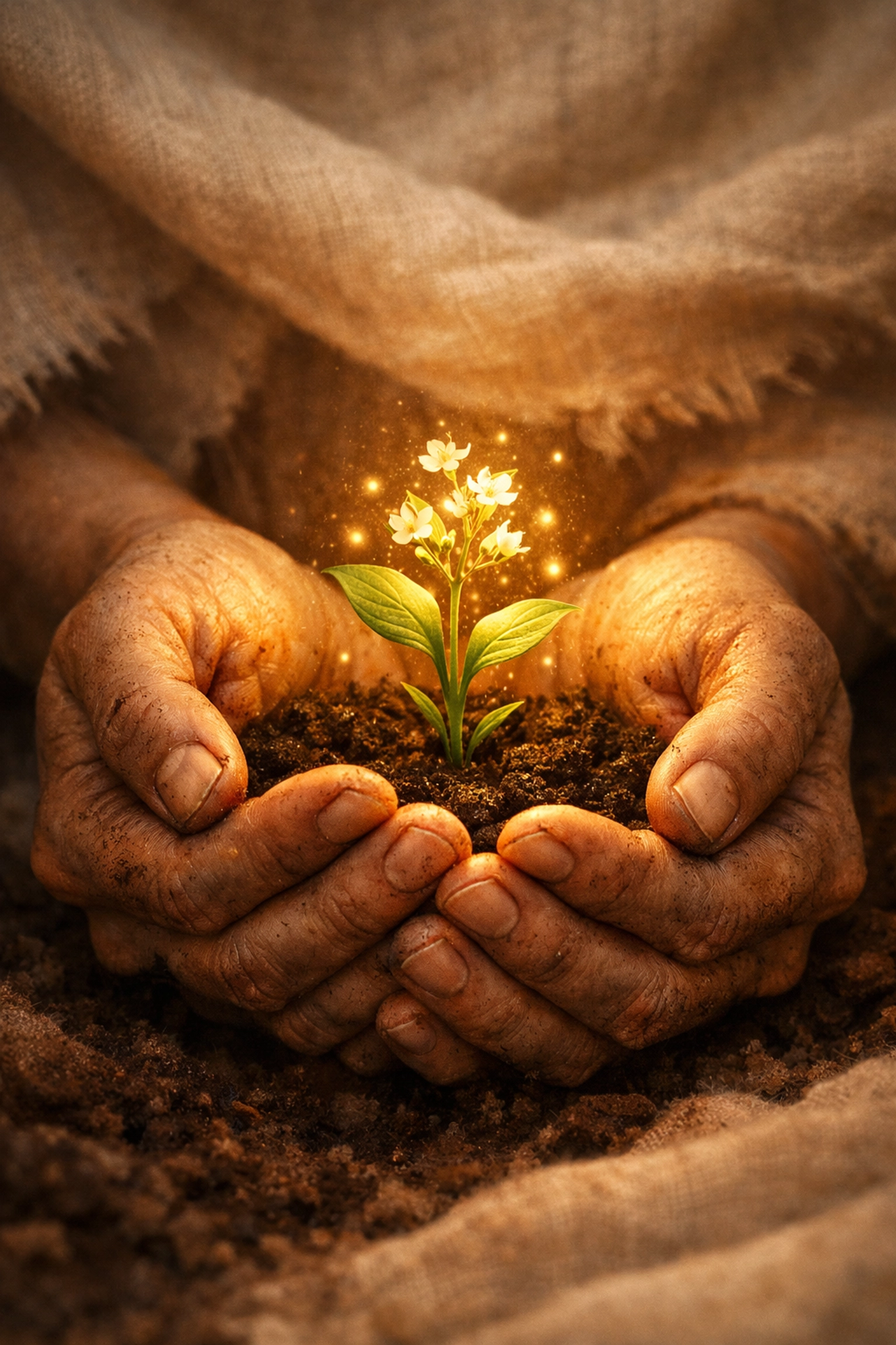 Gently cupped hands protecting a glowing sprout, illustrating self-empathy and personal growth.