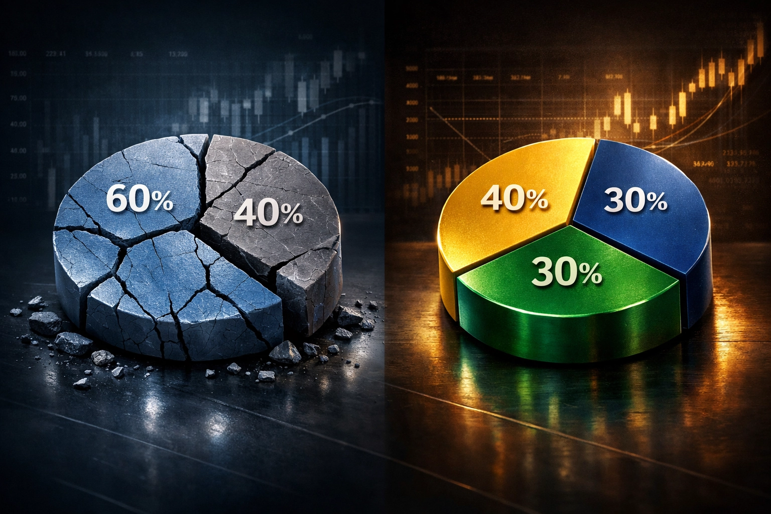 60/40 vs 40/30/30 portfolio comparison showing traditional model weakness vs diversified alternatives