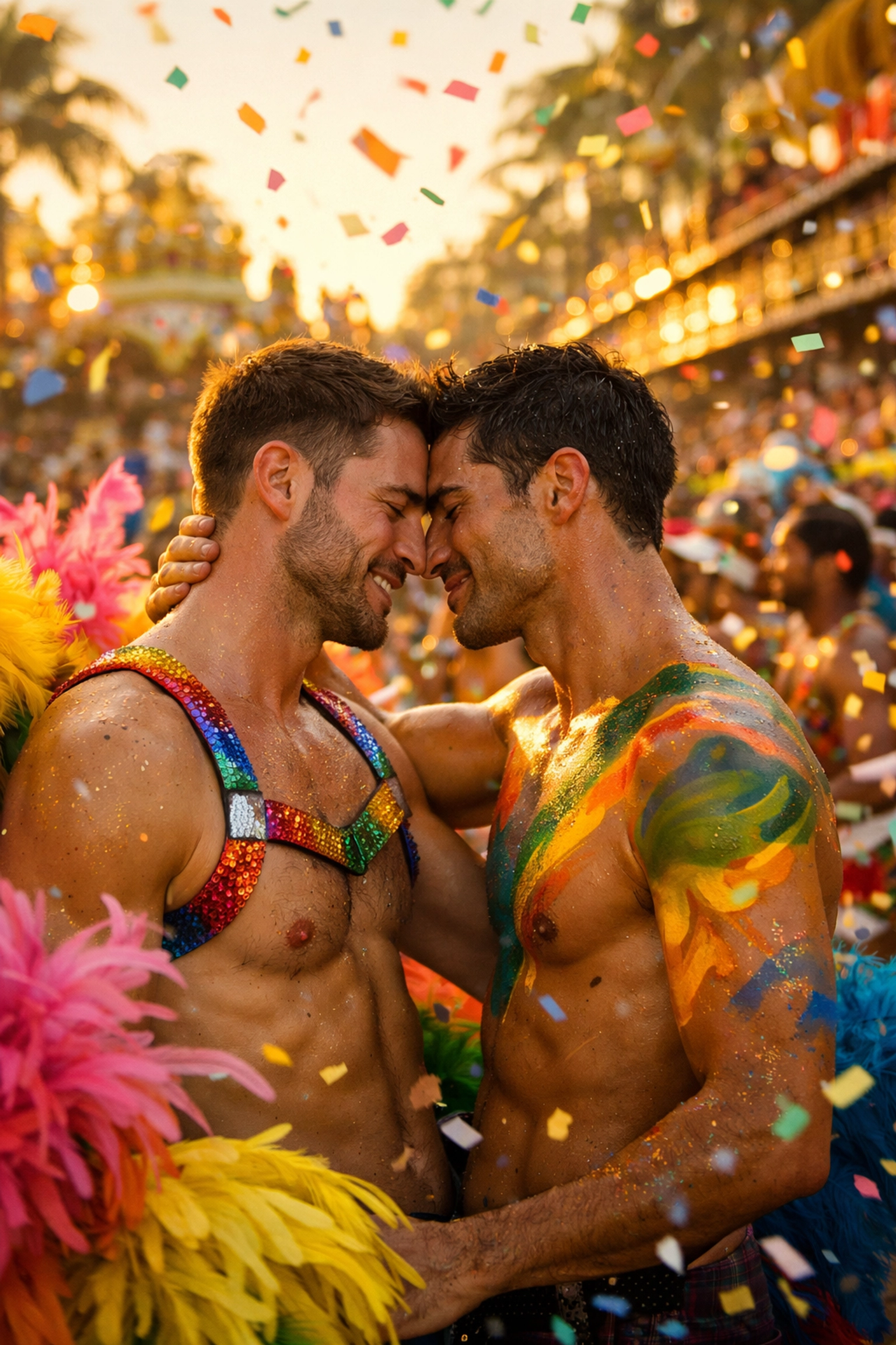 Two men dancing together at Rio Carnival celebration with colorful feathers and confetti