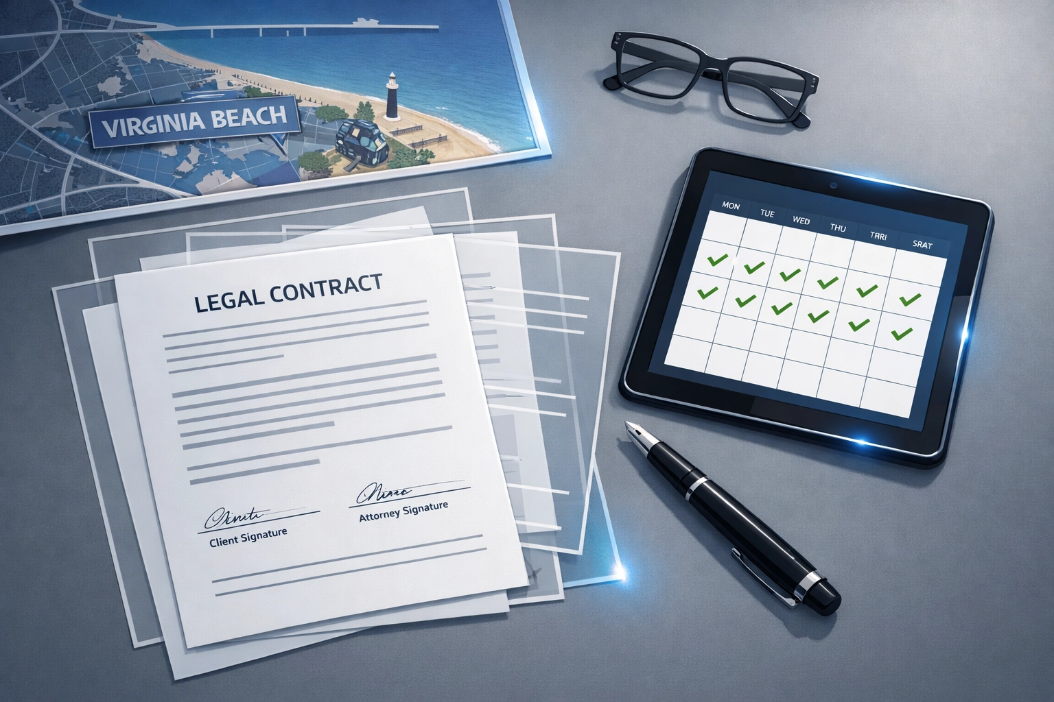 Organized legal workspace with Virginia Beach map and divorce documents