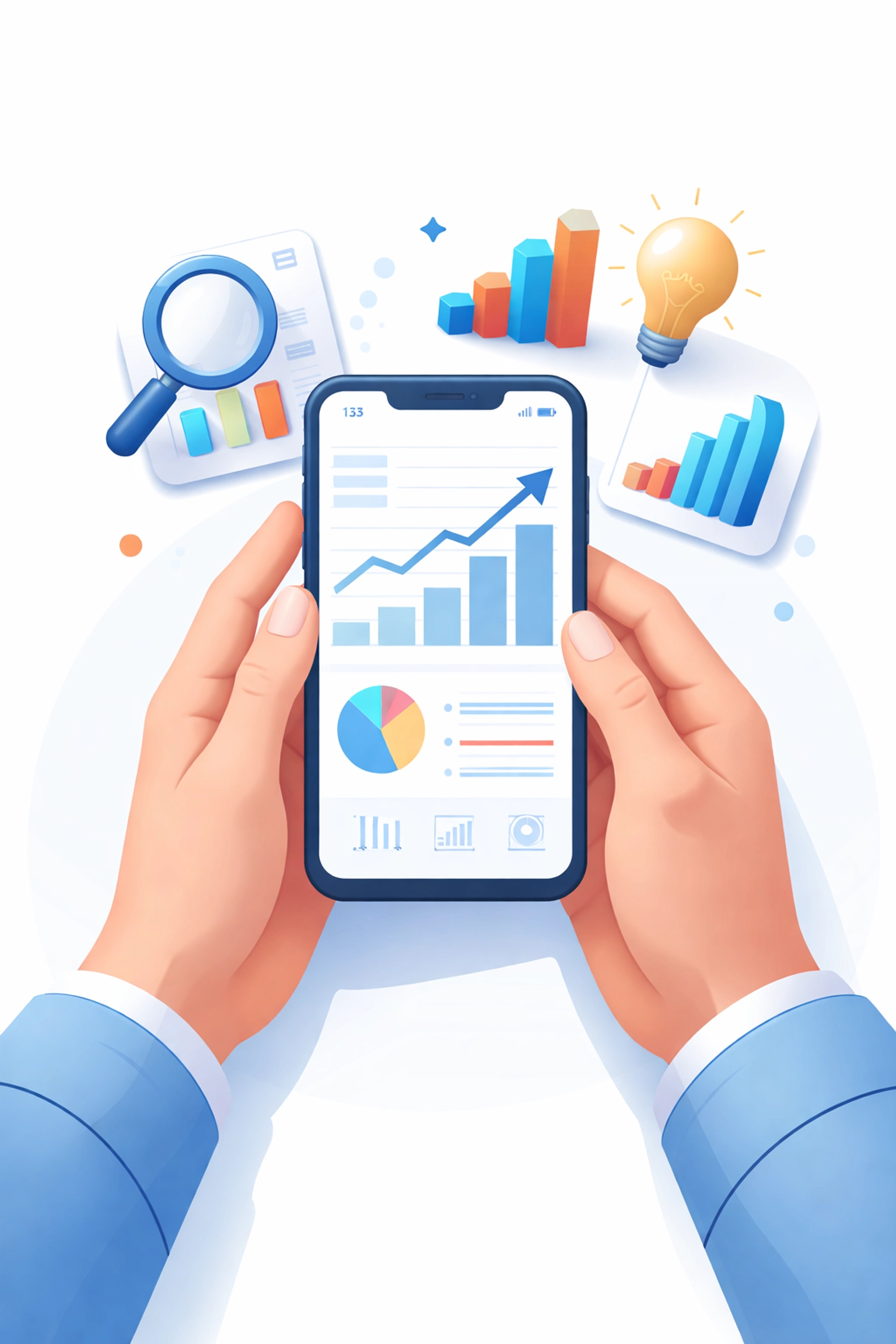 Hands holding a smartphone with rising graphs, illustrating digital product trend research and validation