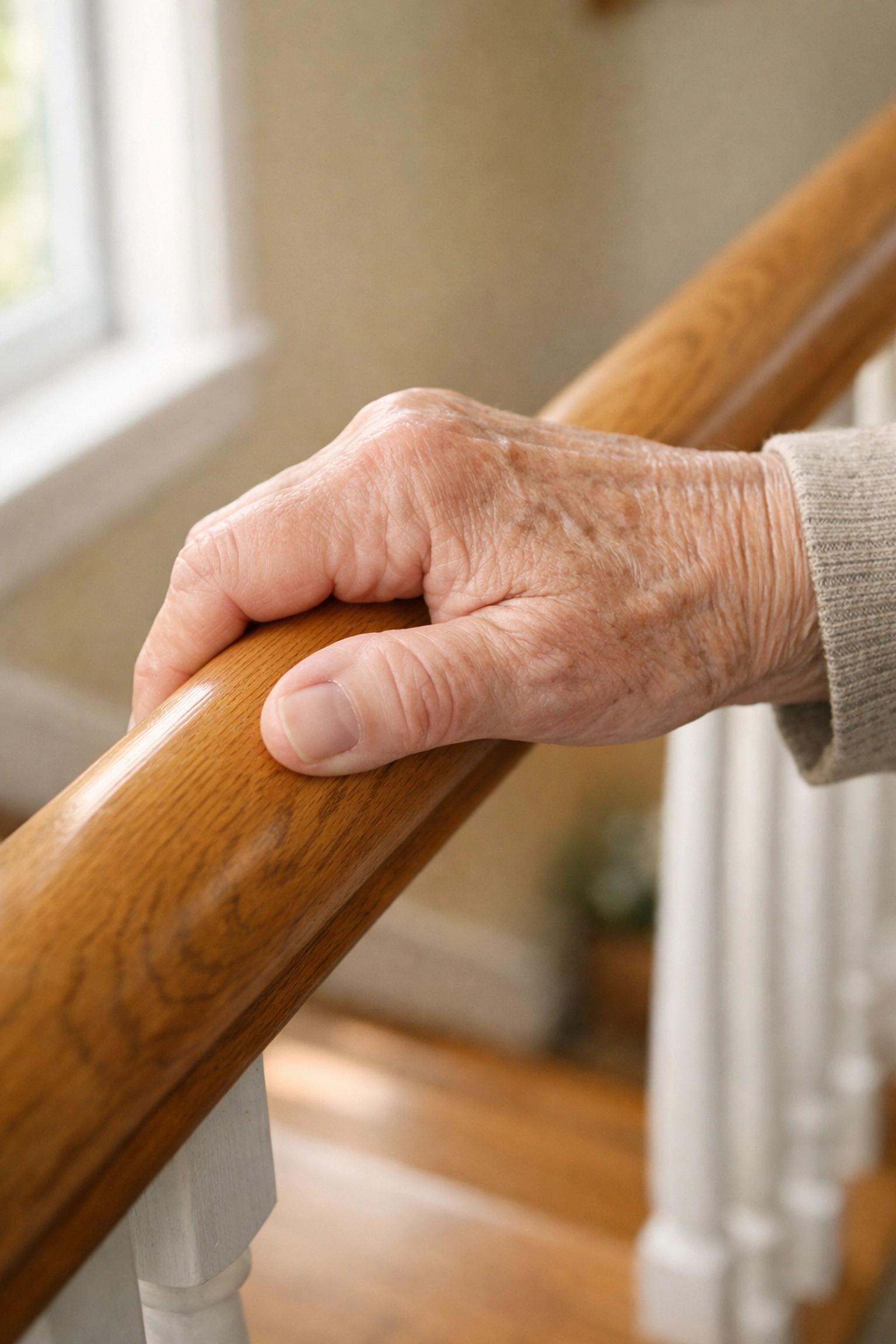 Close-up of a senior's hand firmly gripping a secure wooden stair handrail for stability.
