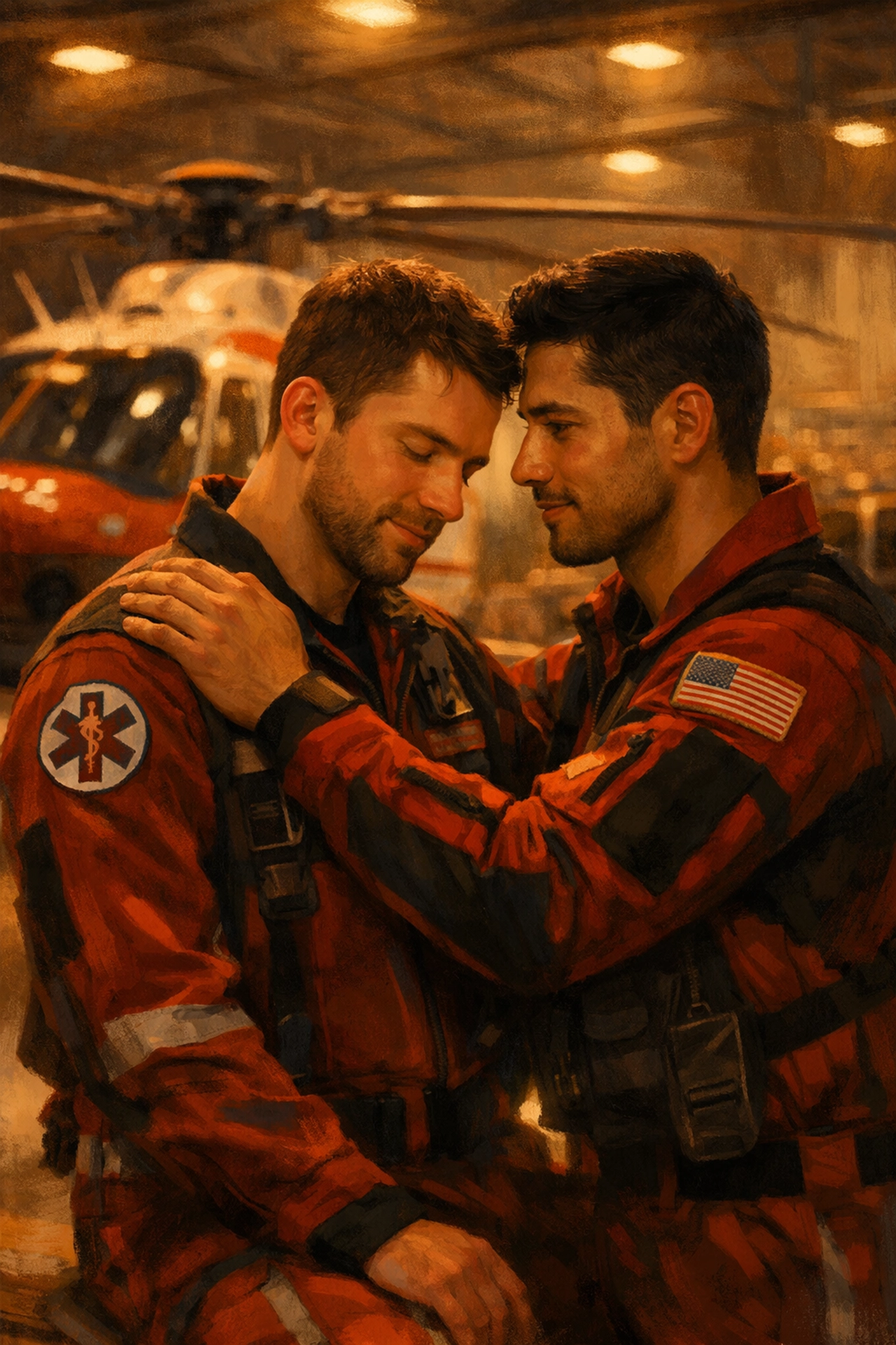 Two men in flight medic uniforms share romantic moment in aircraft hangar
