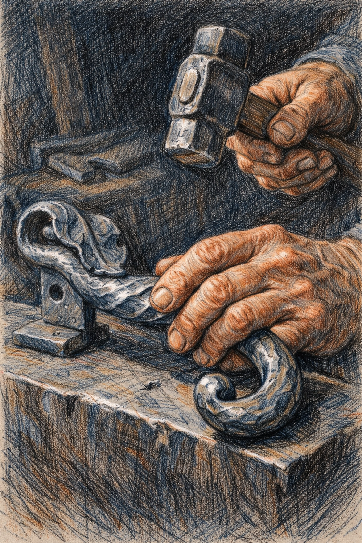 Sustainable hotel architecture detail showing a craftsman hand-forging a custom iron door handle.