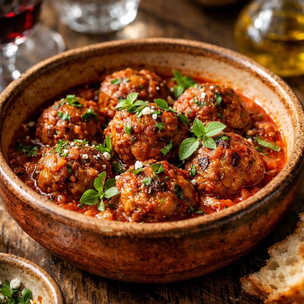Bacari signature Mediterranean meatballs in rustic bowl with herbs and tomato sauce