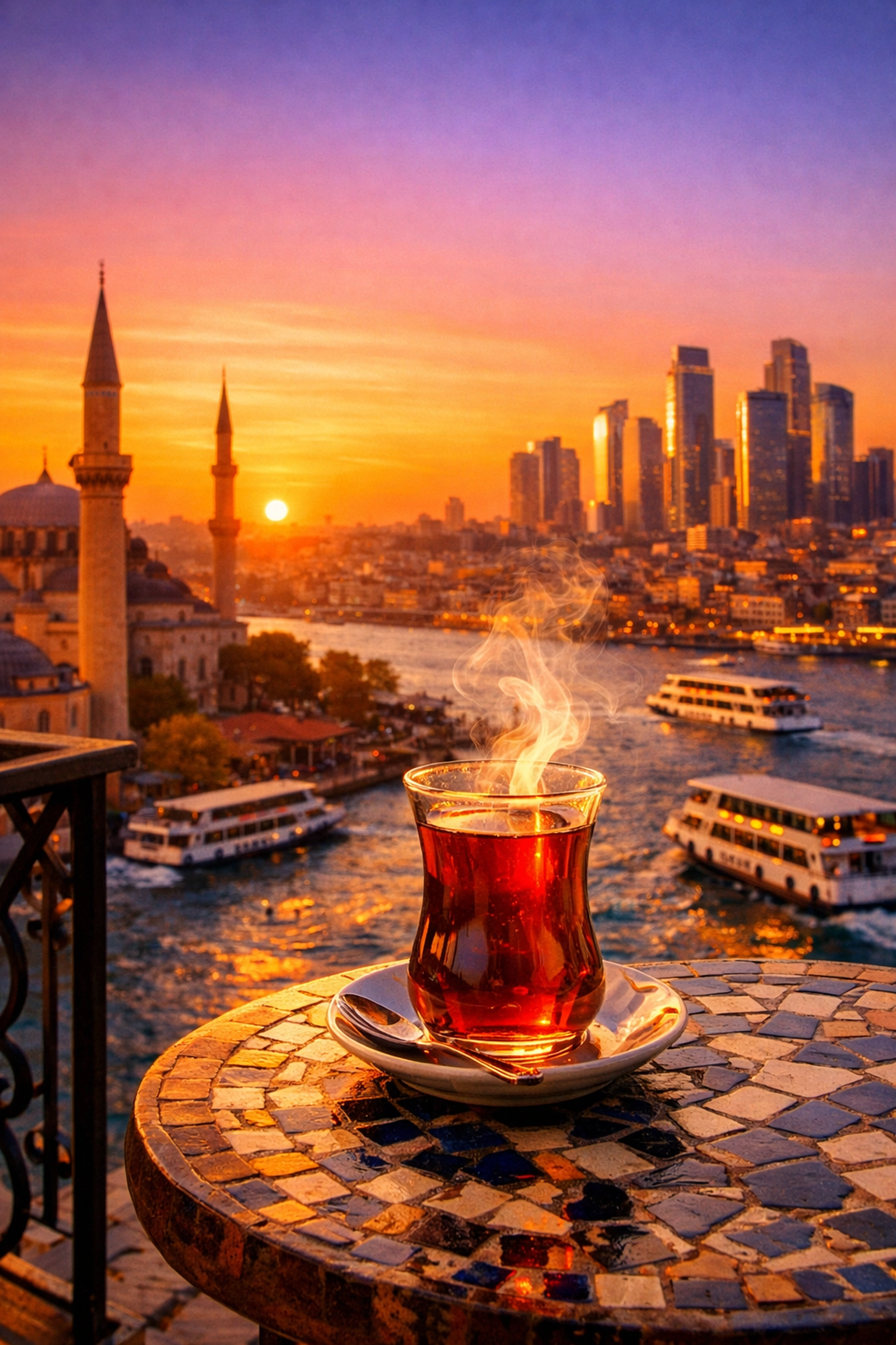 Sunset over a Middle Eastern city skyline featuring minarets and modern buildings by the water.