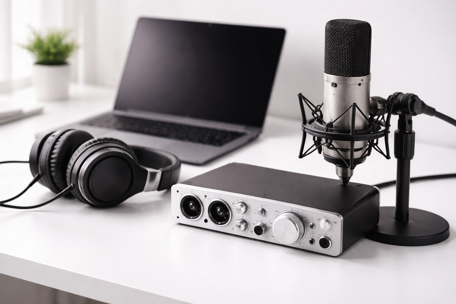 Professional recording studio desk with high-end equipment, reflecting valuable, insurable gear