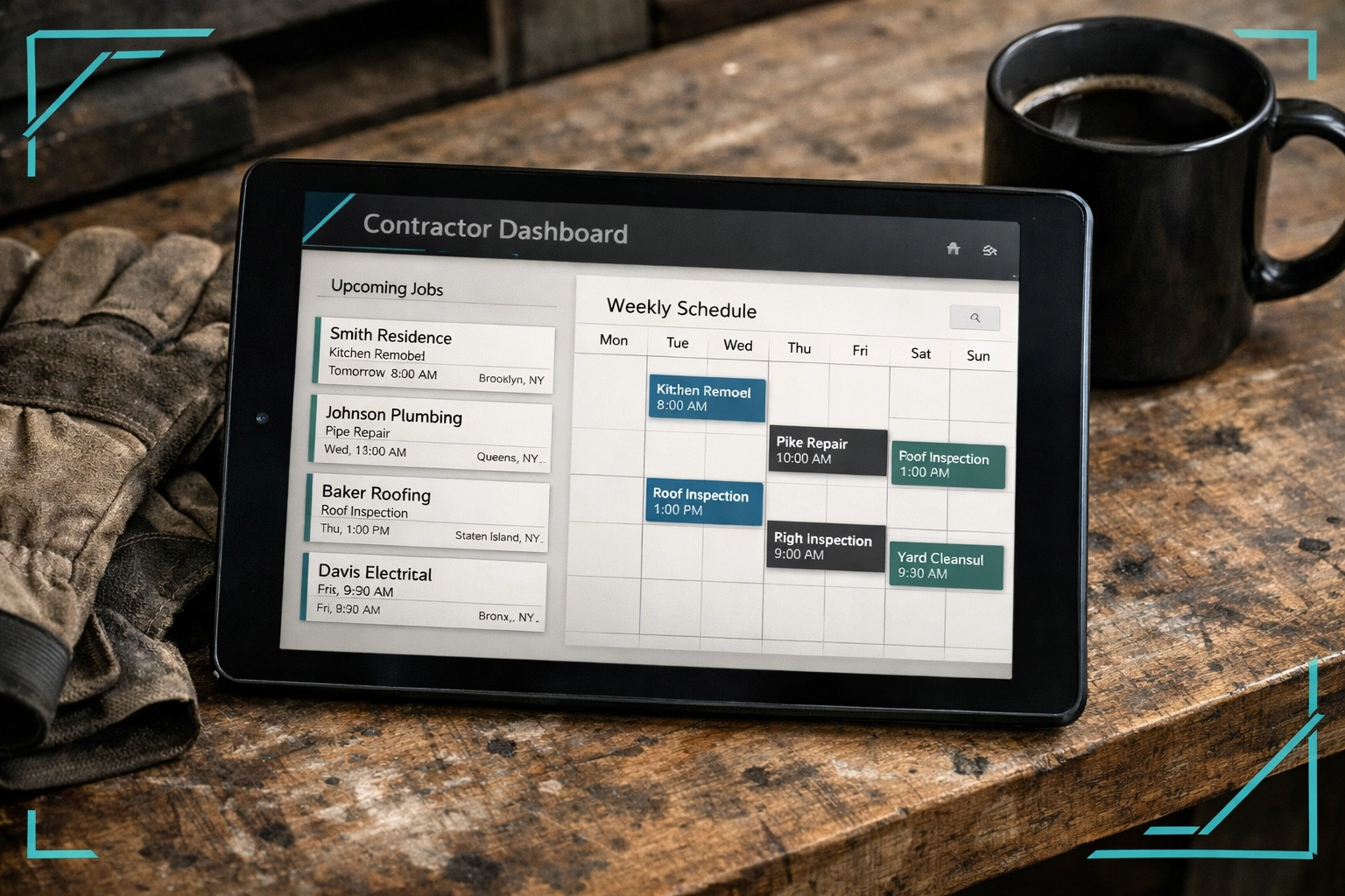 Contractor CRM scheduling dashboard on tablet showing organized job management interface