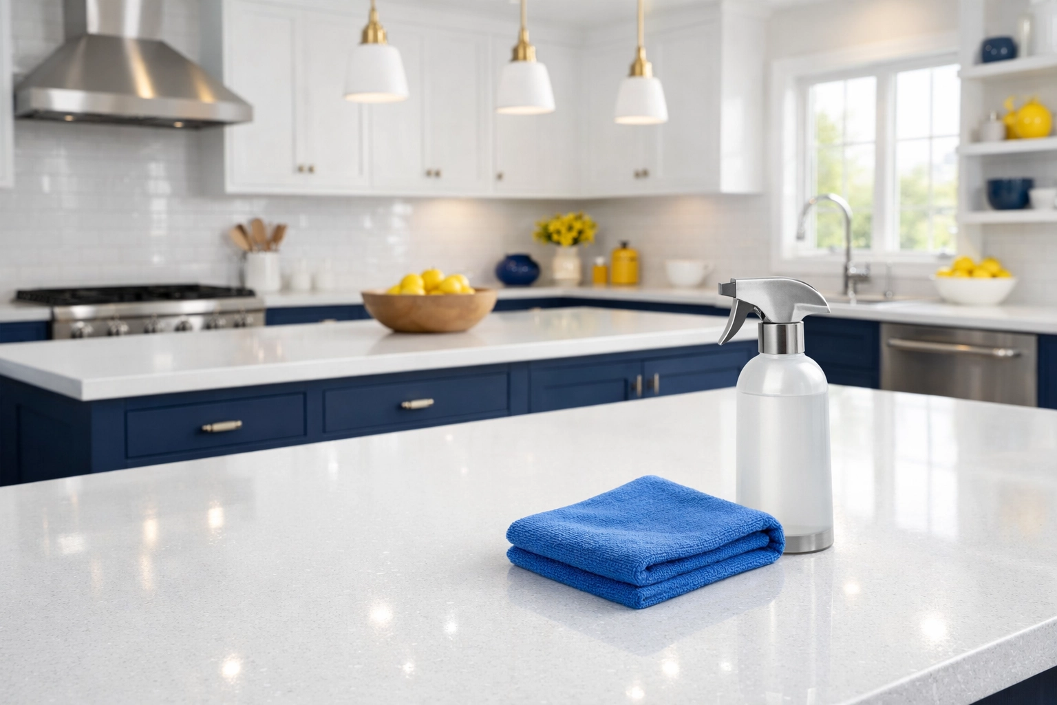 Modern Westborough kitchen with sparkling white quartz countertops after a professional deep cleaning.