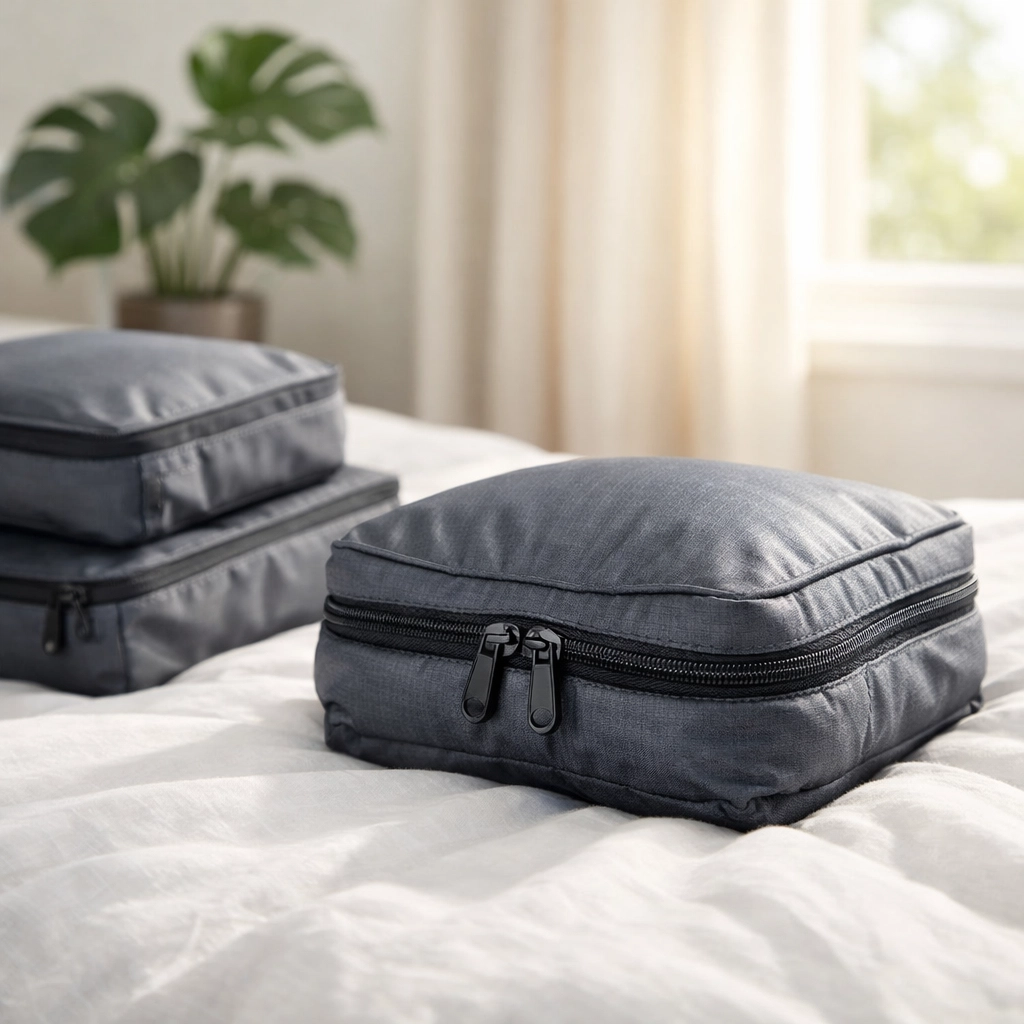 Slate grey compression packing cubes on a white bed showing space-saving dual-zipper technology.