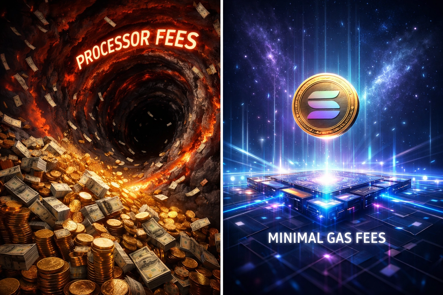Traditional crypto processor fees versus low-cost Solana gas fees comparison