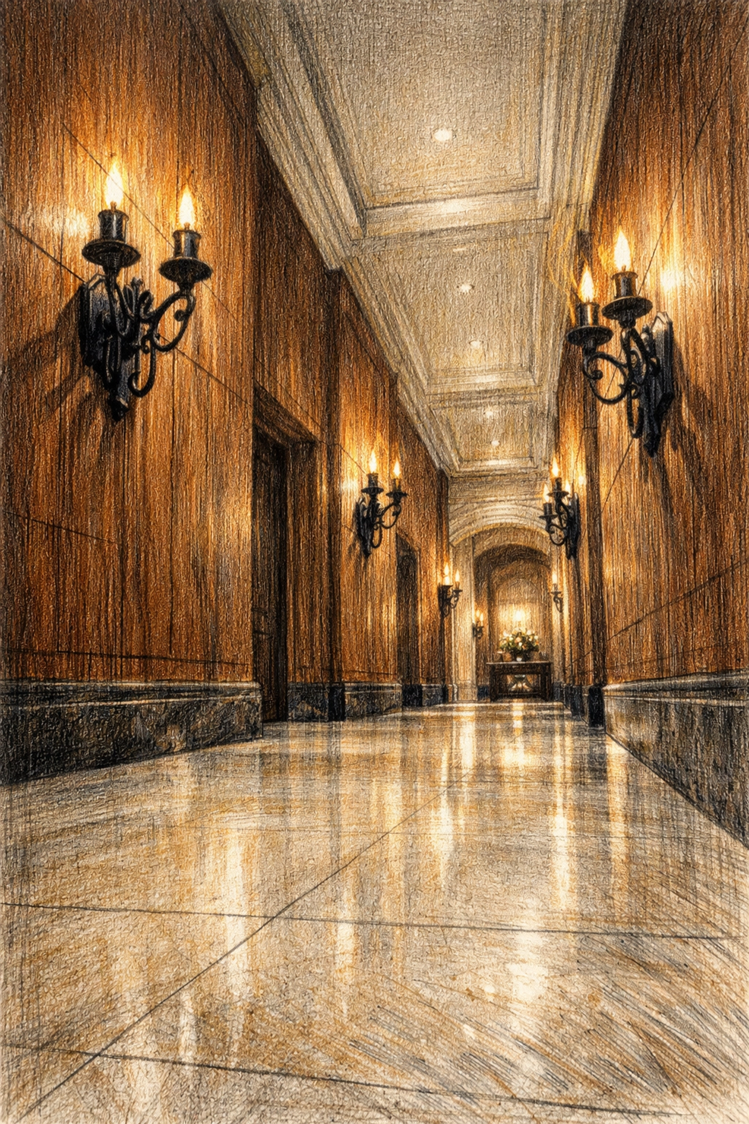 Timeless hotel hallway with limestone and walnut wood, representing sustainable hotel architecture.