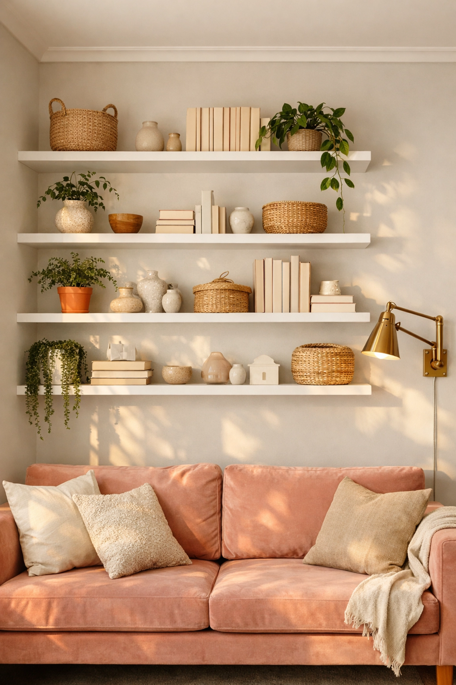 Floating shelves with decor above sofa maximizing vertical space in small living room