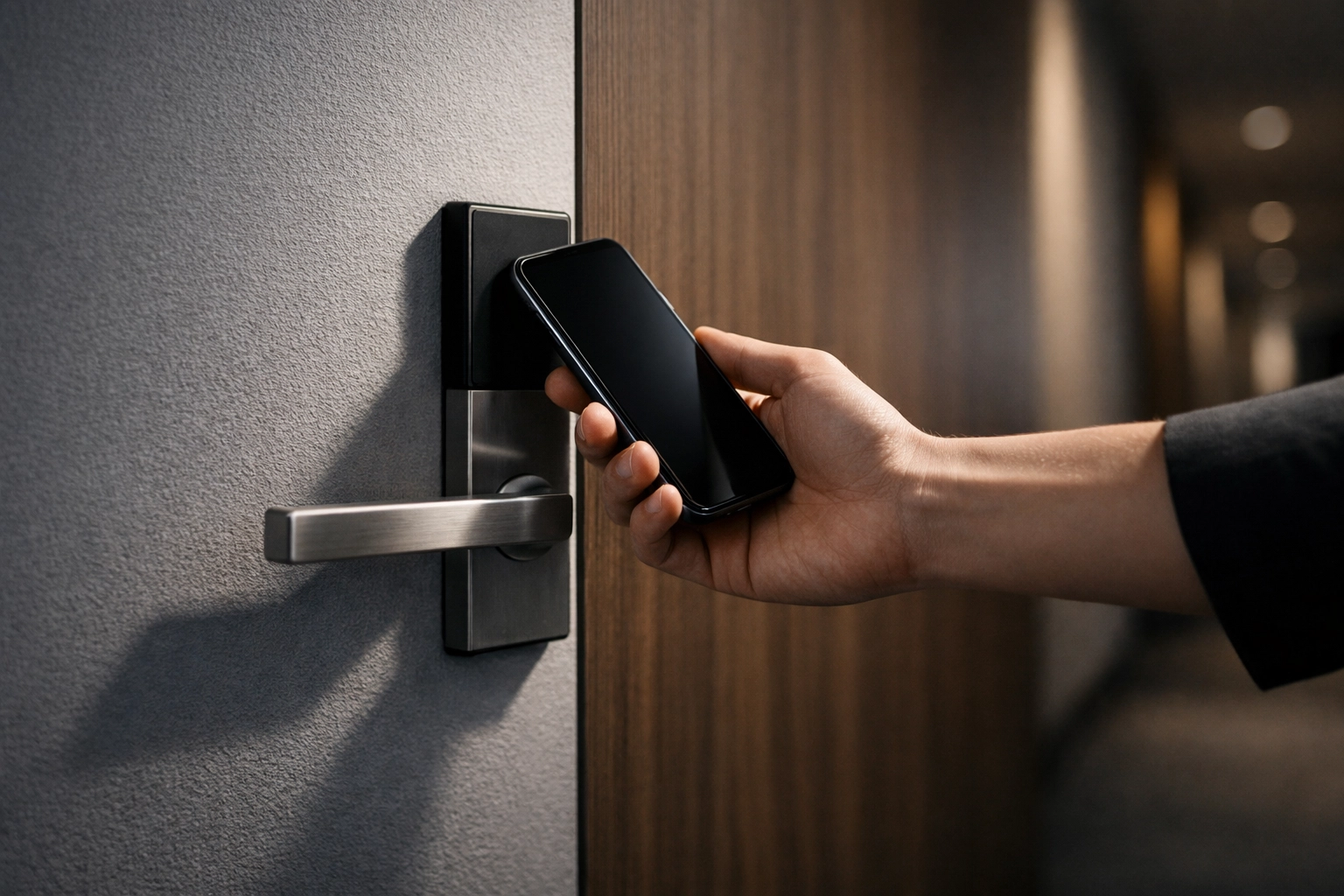 Guest using keyless entry on a smartphone for a frictionless check-in experience.