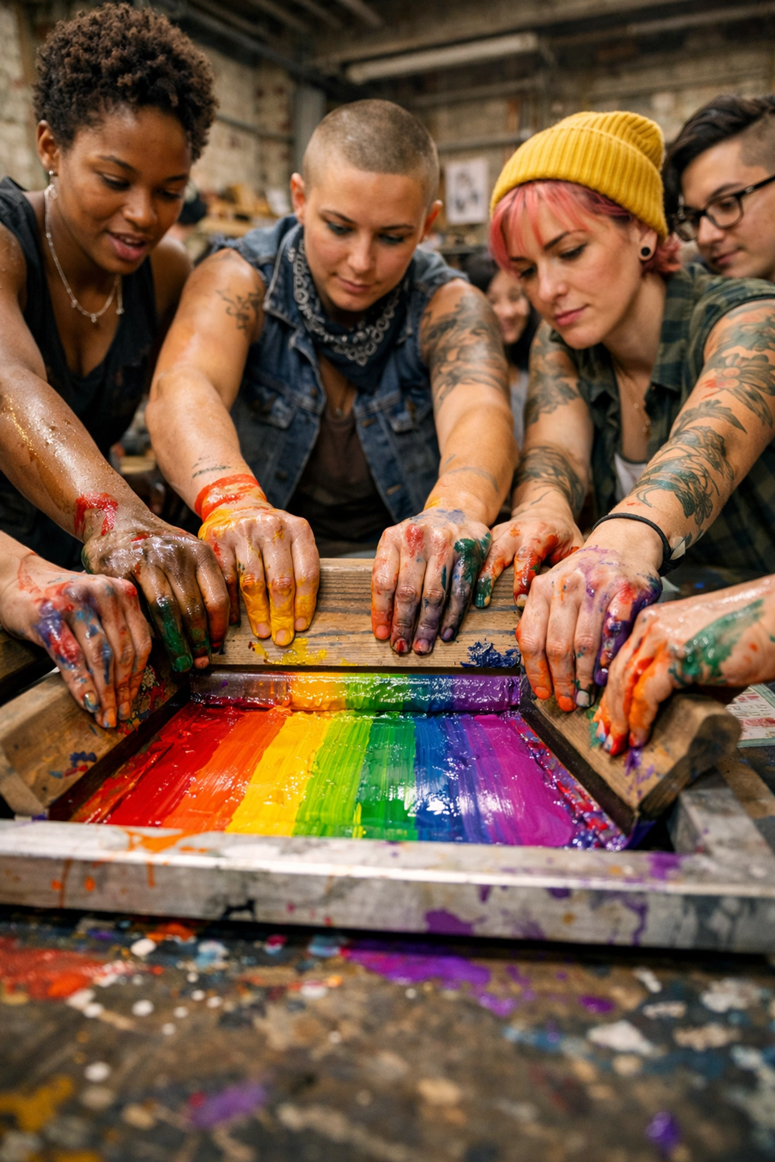 LGBTQ+ community members collaborating on a grassroots organizing project in an art studio.