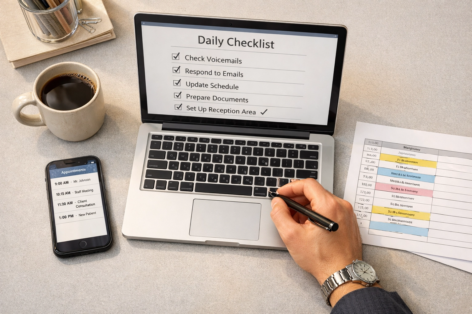 Medical Front Desk Chaos Costing You Patients? The 15-Minute Daily Routine That Fixes Everything Front desk morning routine checklist with laptop, schedule, and coffee on organized workspace