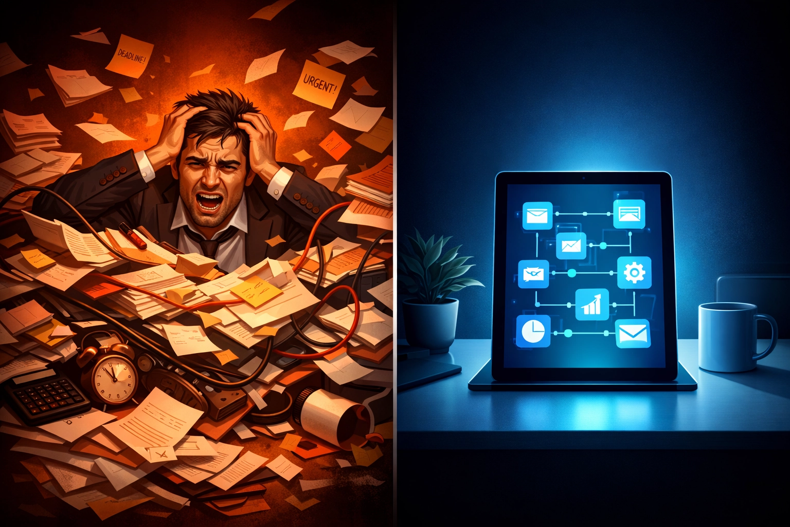 AI Integration Services Explained in Under 3 Minutes: What Every Small Business Owner Should Know 4 Before and after transformation from manual chaos to organized AI workflow automation