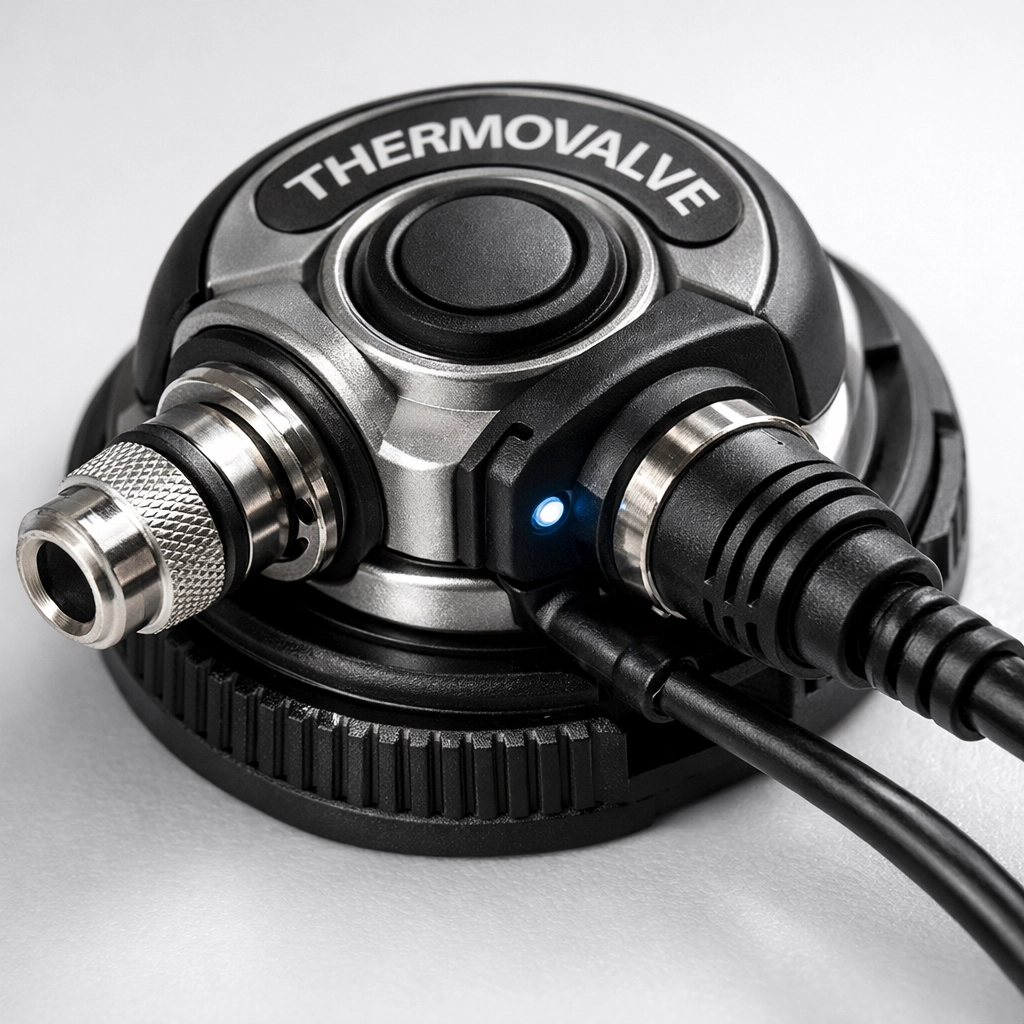 Thermovalve-System integriert im Einlassventil eines Trockentauchanzugs mit Stromkabeln