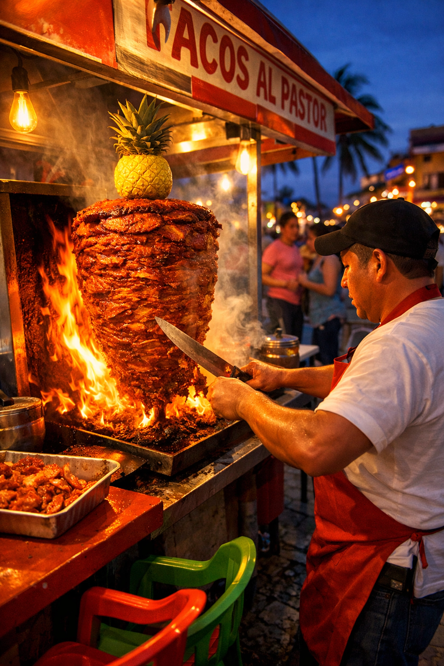 Local taquero grilling al pastor at authentic Puerto Vallarta street taco stand