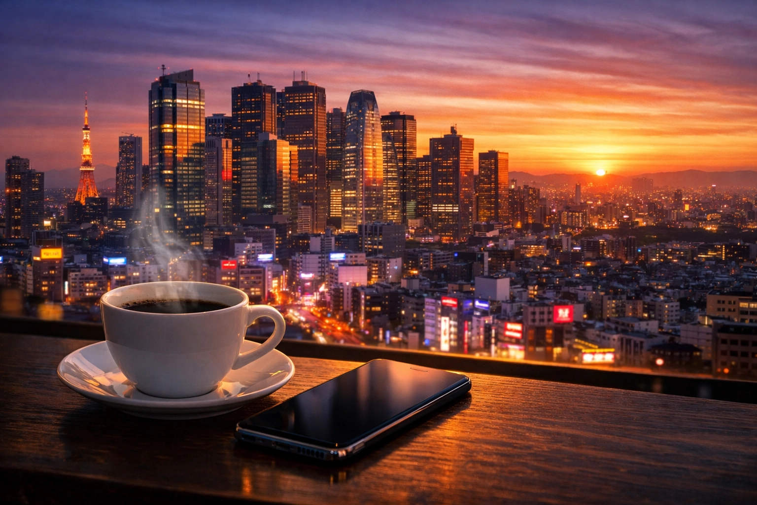 Sunrise over Tokyo skyscrapers with a coffee cup, illustrating the morning start for global business travelers.