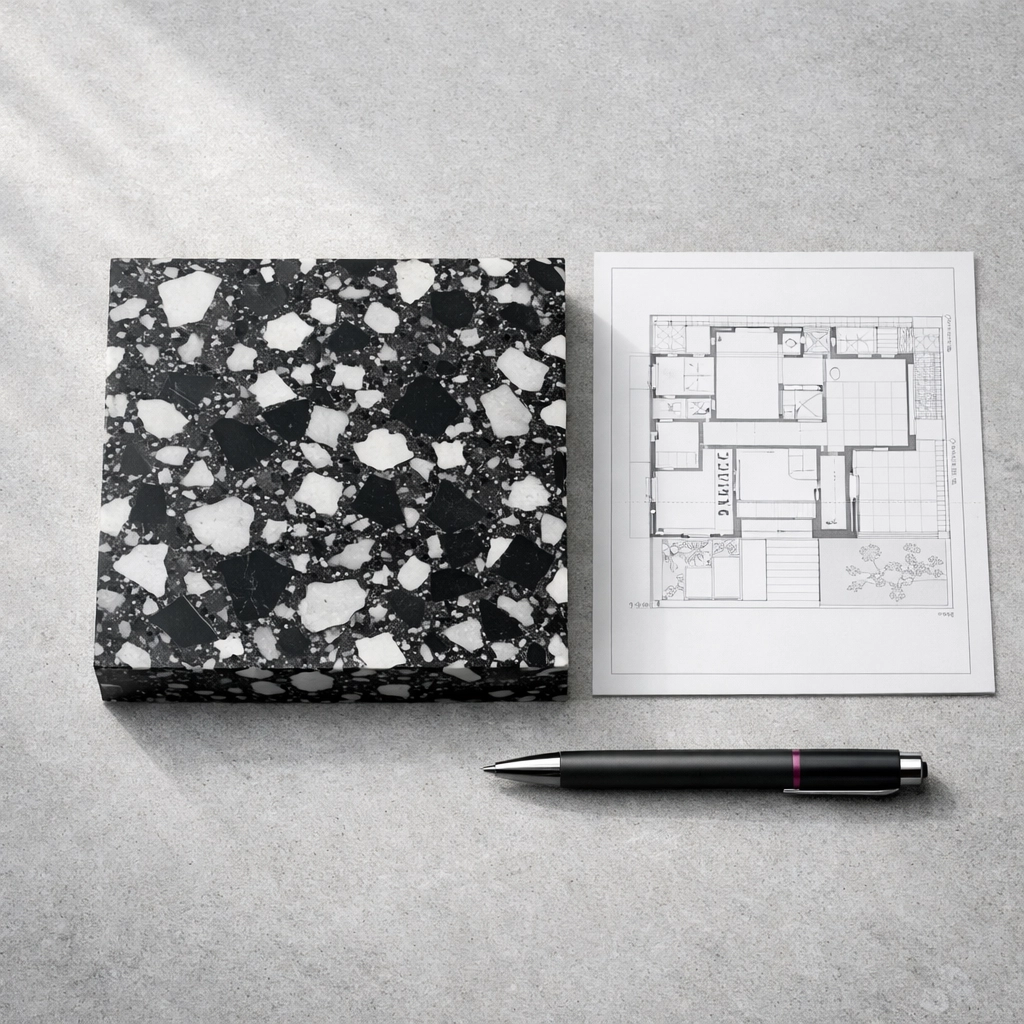 Recycled plastic sheet sample and architectural blueprints for sustainable building materials in Australia.