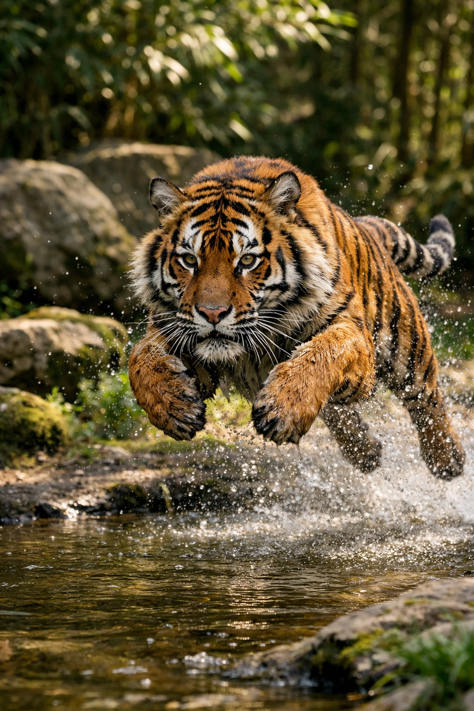 Dynamic action shot of a tiger leaping across water, demonstrating movement in zoo photography.