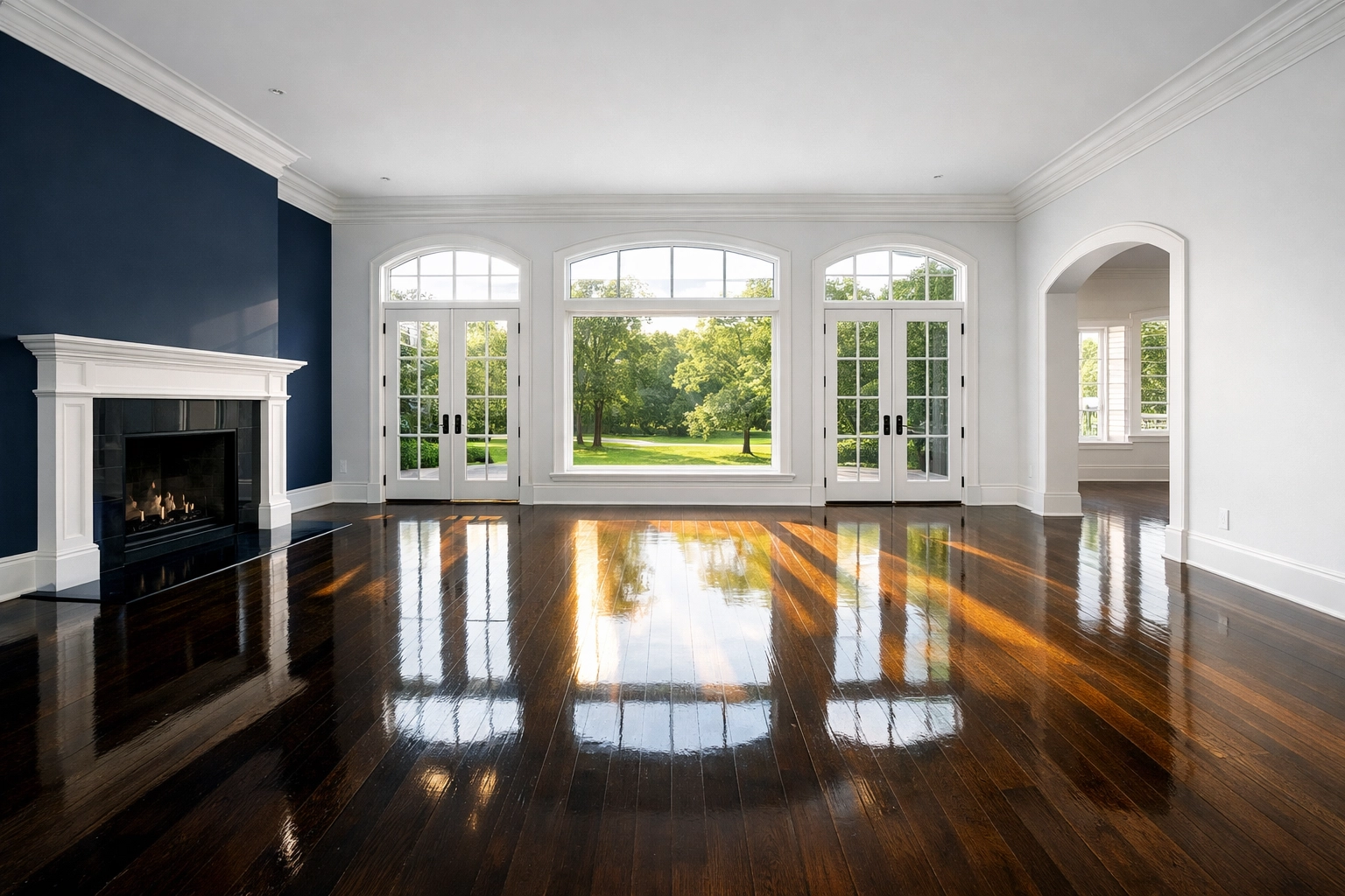 Gleaming hardwood floors in a Dover living room after move-out residential cleaning Massachusetts by the Ninjas.