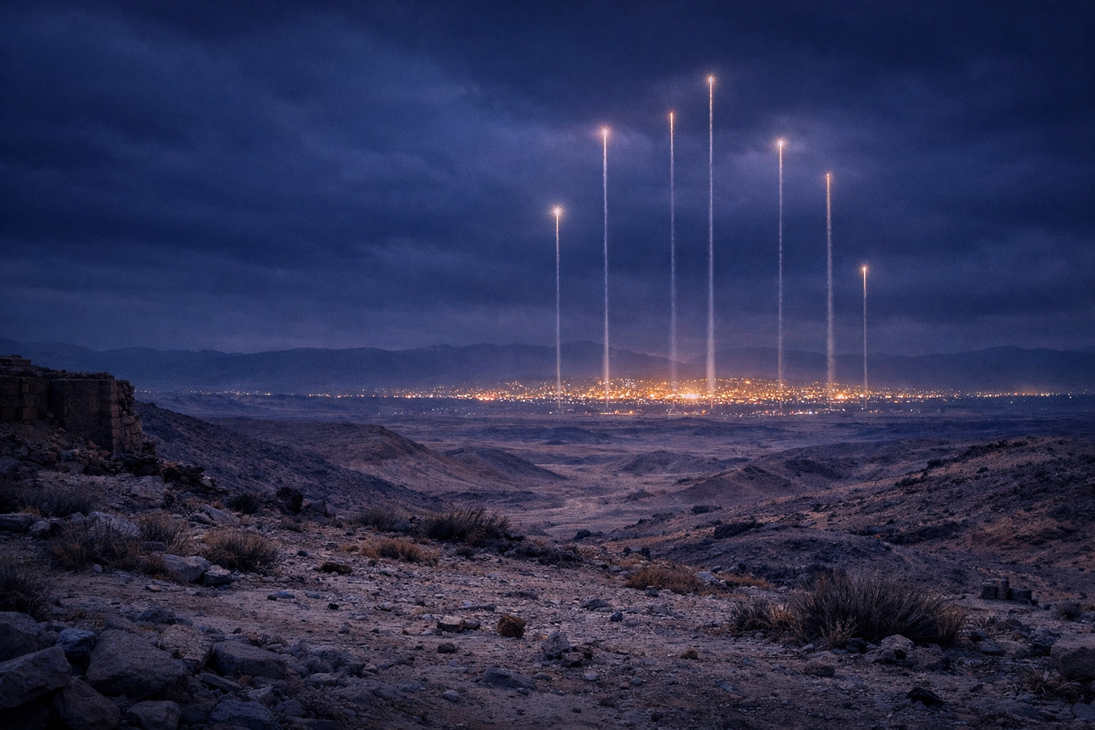 Distant city lights and air defense trails over a Middle Eastern desert landscape during the Iran conflict.