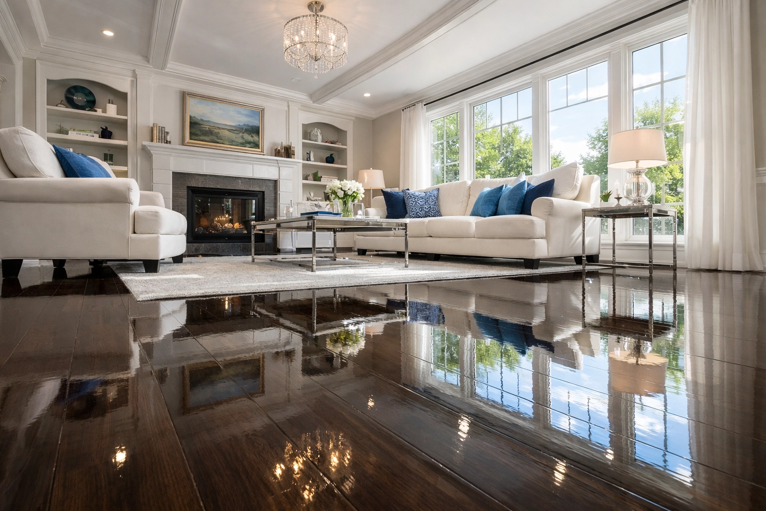 Spotless living room with shining hardwood floors after deep cleaning your Massachusetts home in Wellesley.